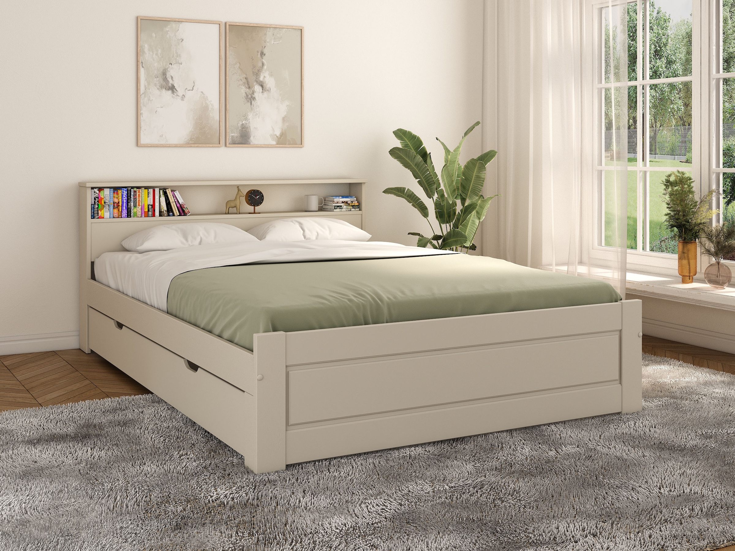 OTTO home Massivholzbett »FLAVION,  Jugendbett, Stauraum, FSC® zertifizierte Kiefer« Breite: 90, 140, 180,  Qualitätsprodukt, Regal, Kassettenoptik, Schublade optional
