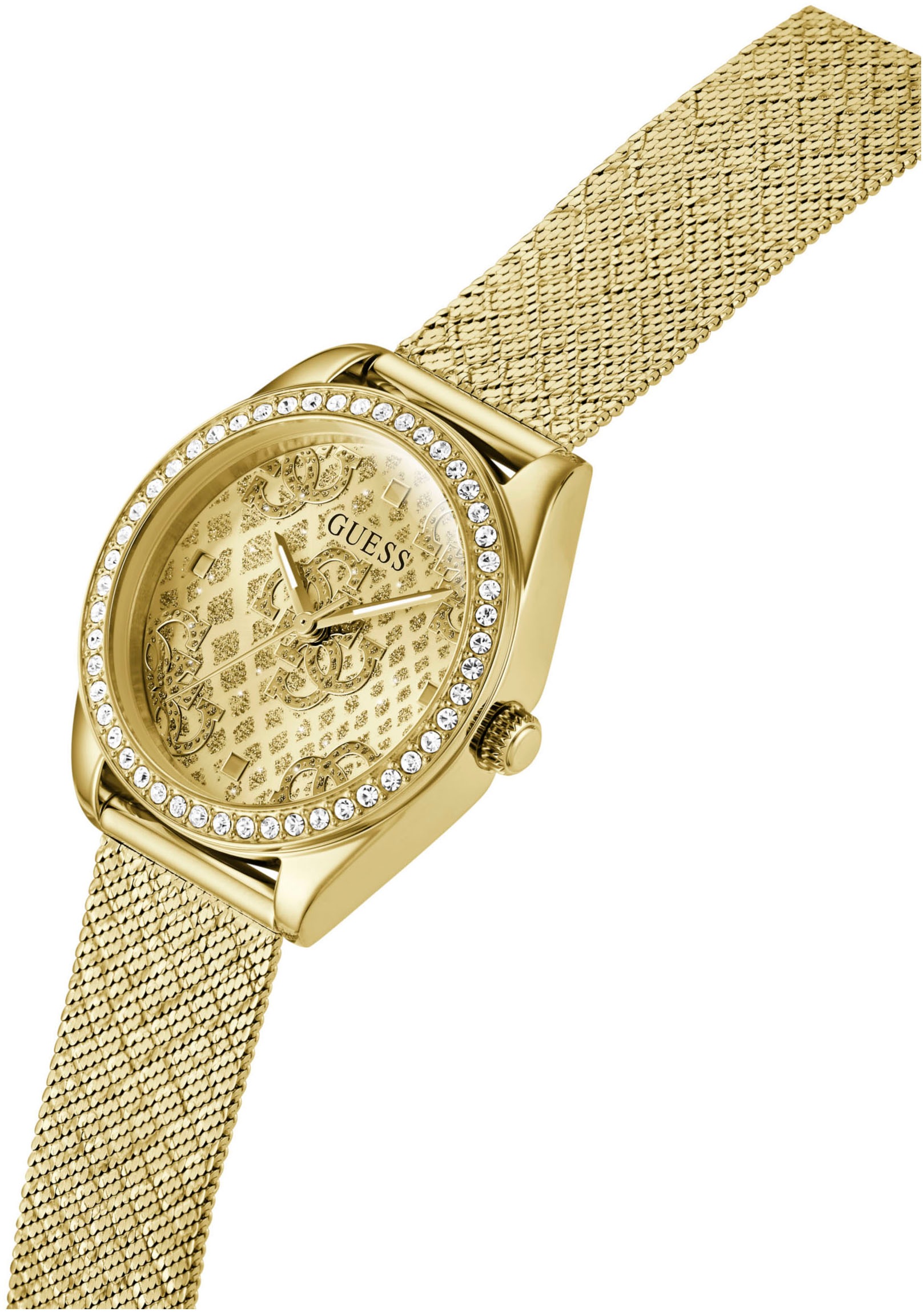 Guess Quarzuhr »BOA«, Armbanduhr, Damenuhr, Kristallsteine, Mineralglas, Edelstahlarmband