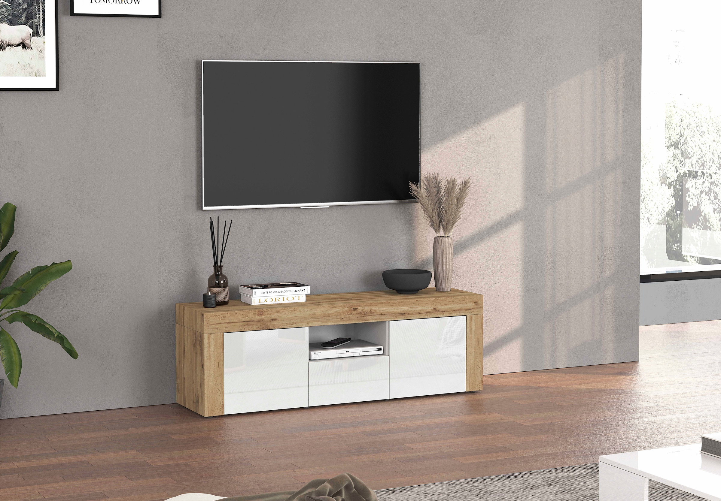 INOSIGN Lowboard »CHRONOS Breite 155 cm mit 2 Türen, 1 Schublade,1 offenes Fach«, (1 St.), TV-Board, Sideboard niedrig, Grifflos mit Push to Open 'Made in Italy'