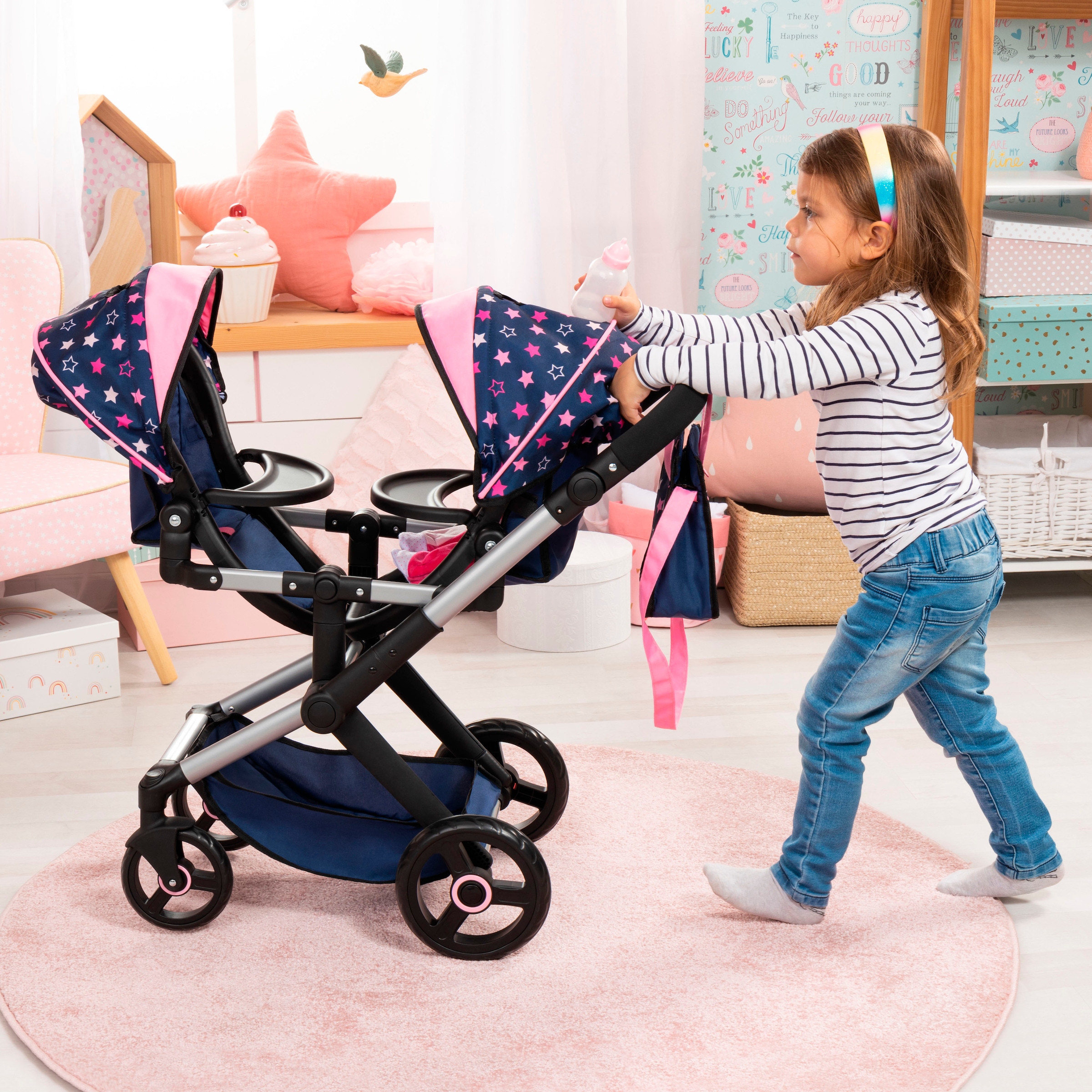 Bayer Puppen-Zwillingsbuggy »Xeo Twin blau/pink«, mit Wickeltasche