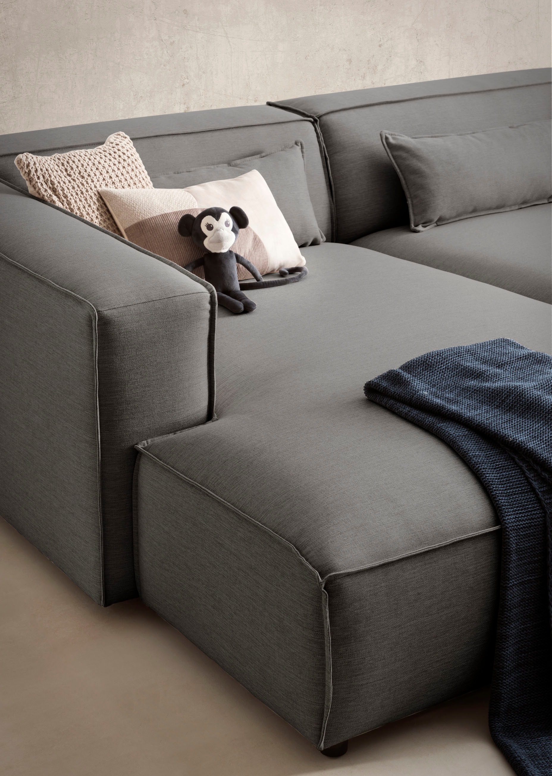 LeGer Home by Lena Gercke Polsterecke »PIARA XXL, L-Form mit Schlaffunktion, Big-Sofa in Cord o. Leinenoptik«, Hocker stellbar zum Schlafsofa (Krokodilverbinder), tiefe Sitzfläche