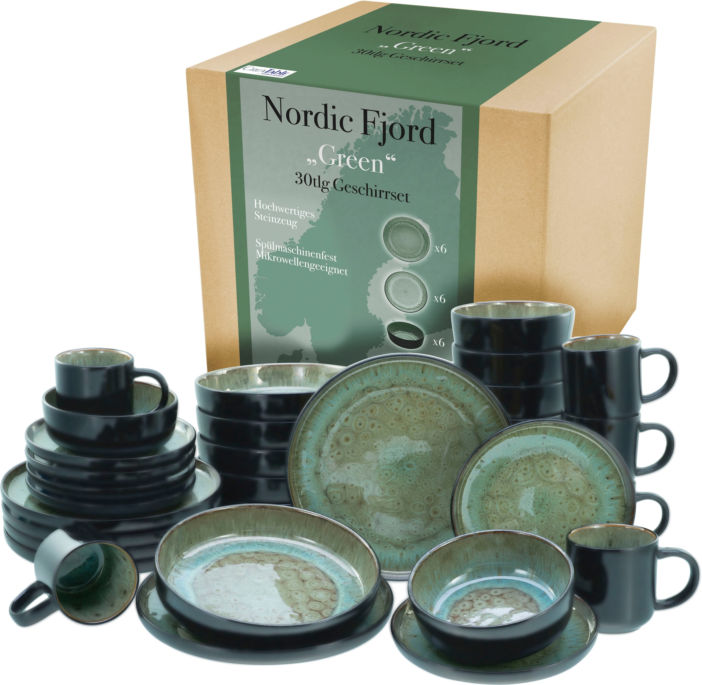 CreaTable Kombiservice "Nordic Fjord", (Set, 30 tlg.), je 6 Speiseteller, Suppenteller, Dessertteller, Schalen, Kaffeebe