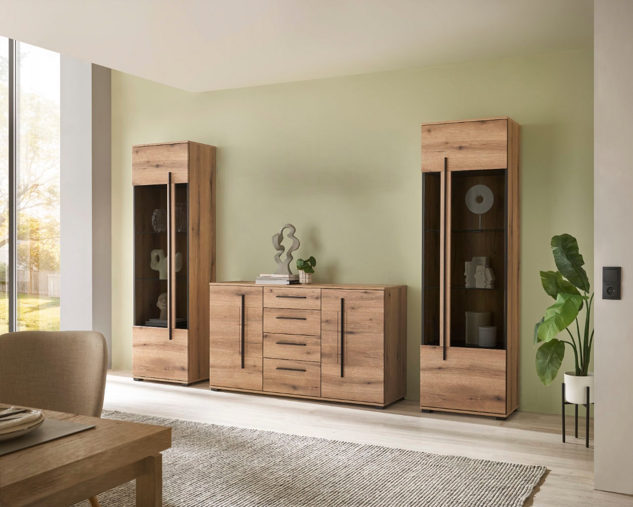 INOSIGN Wohnwand »Cantara, moderne Anbauwand, Wohnzimmer-Set, in Eiche Evoke oder Weiß«, (Set), enthält zwei Vitrinen und ein Sideboard