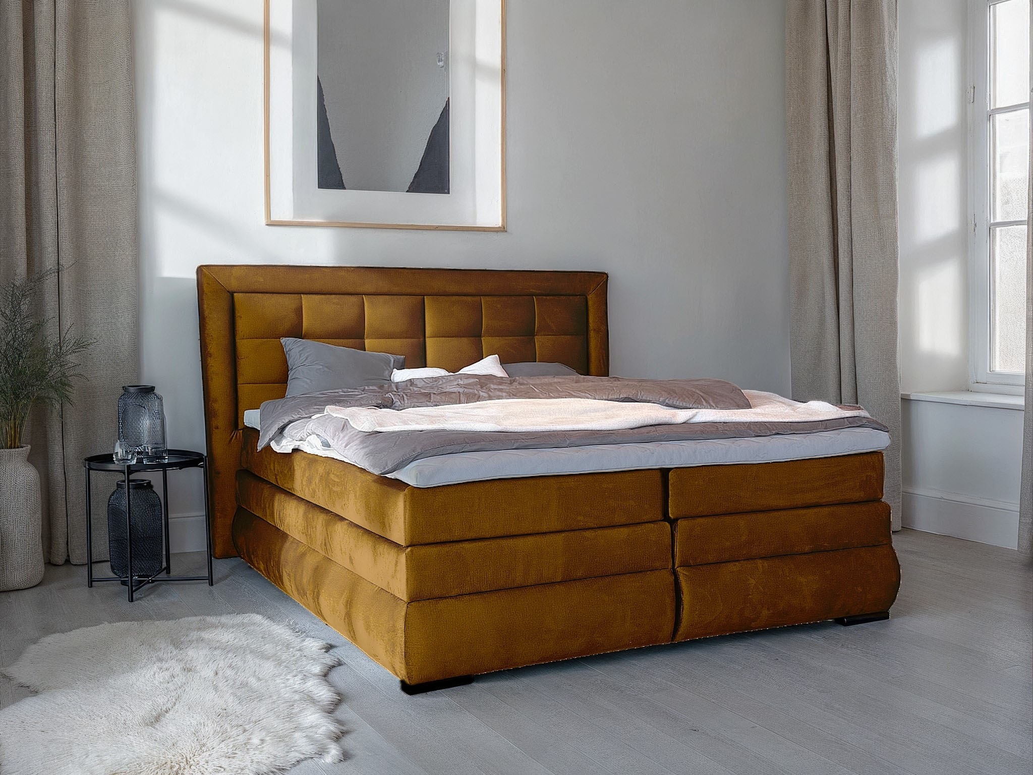 Boxspringbett OTTO HOME "MIVVA in der Breite 180cm, inkl. Bettkasten & Topper", gold, B:204cm L:215cm, Holz teilmassiv, Holzwerkstoff, Spanplatte, Komplettbetten, Boxspringbett, in H3, H4 oder Hmix H3/H4, wahlweise mit oder ohne LED-Leuchten