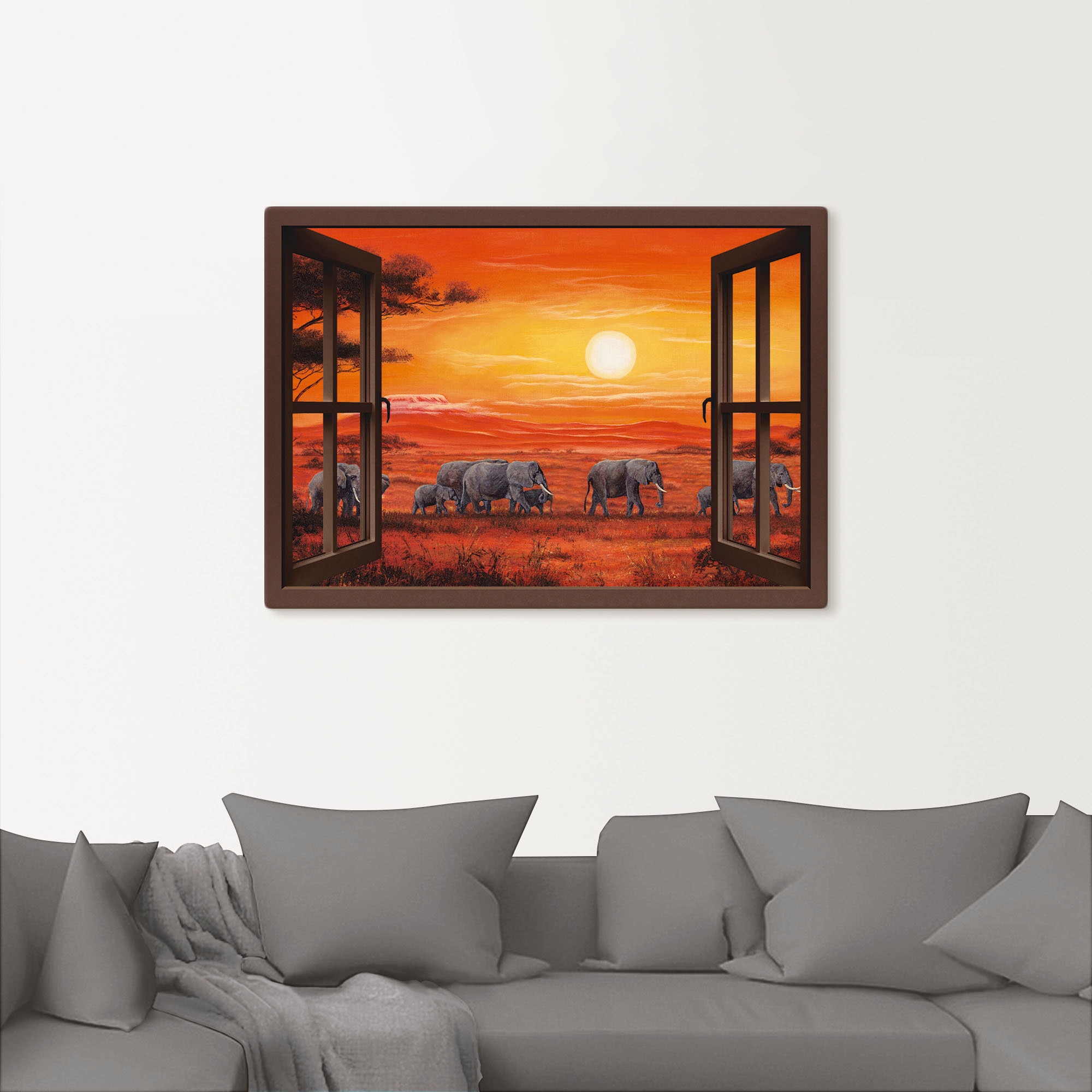 Artland Wandbild "Fensterblick - Elefantenherde", Fensterblick, (1 St.), al günstig online kaufen