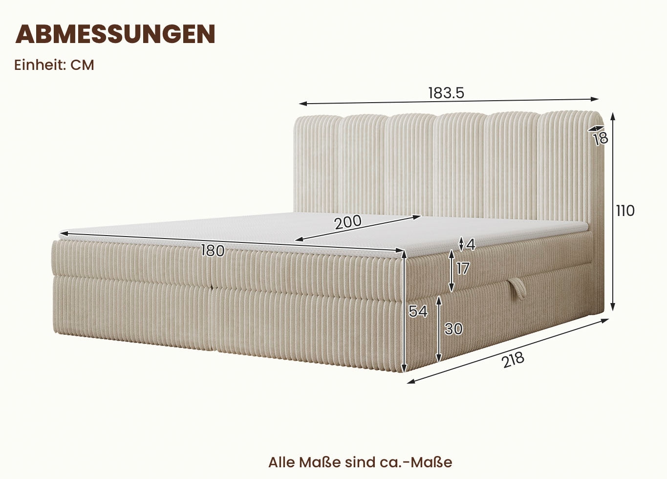 OTTO home Boxbett »SIVVA in der Breite 180cm, flauschiger Breitcord, Farbe: cream« inkl. Taschenfederkernmatratze (H3) & Topper (4cm)