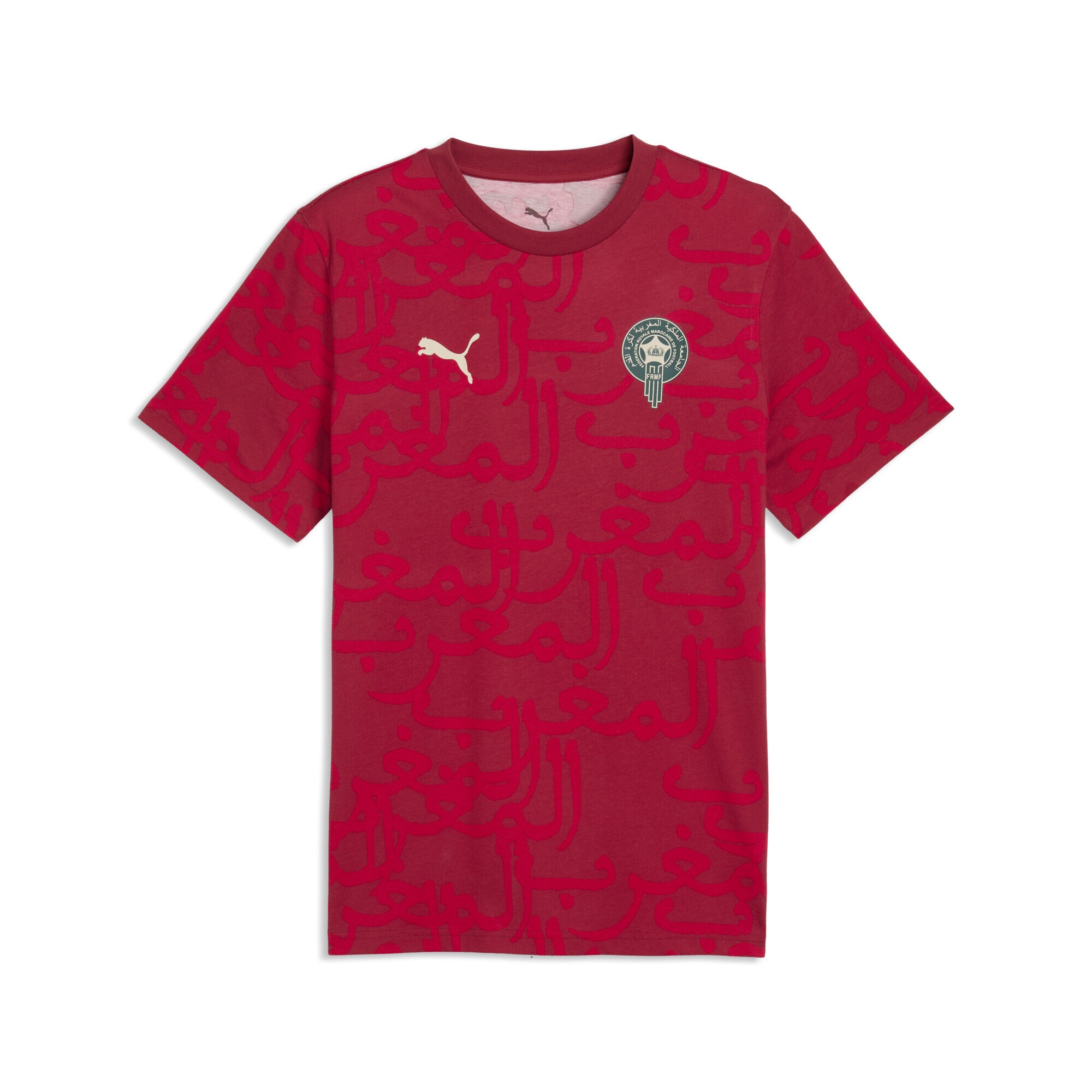 T-Shirt PUMA "Marokko ftblCulture T-Shirt mit Print Herren", Damen, Gr. XS, schwarz crimson alpine snow rot weiß, Obermaterial: 100% Baumwolle; Rippe: 25% Polyester, 75% Baumwolle, bedruckt, regular fit, Rundhals, Shirts T-Shirt