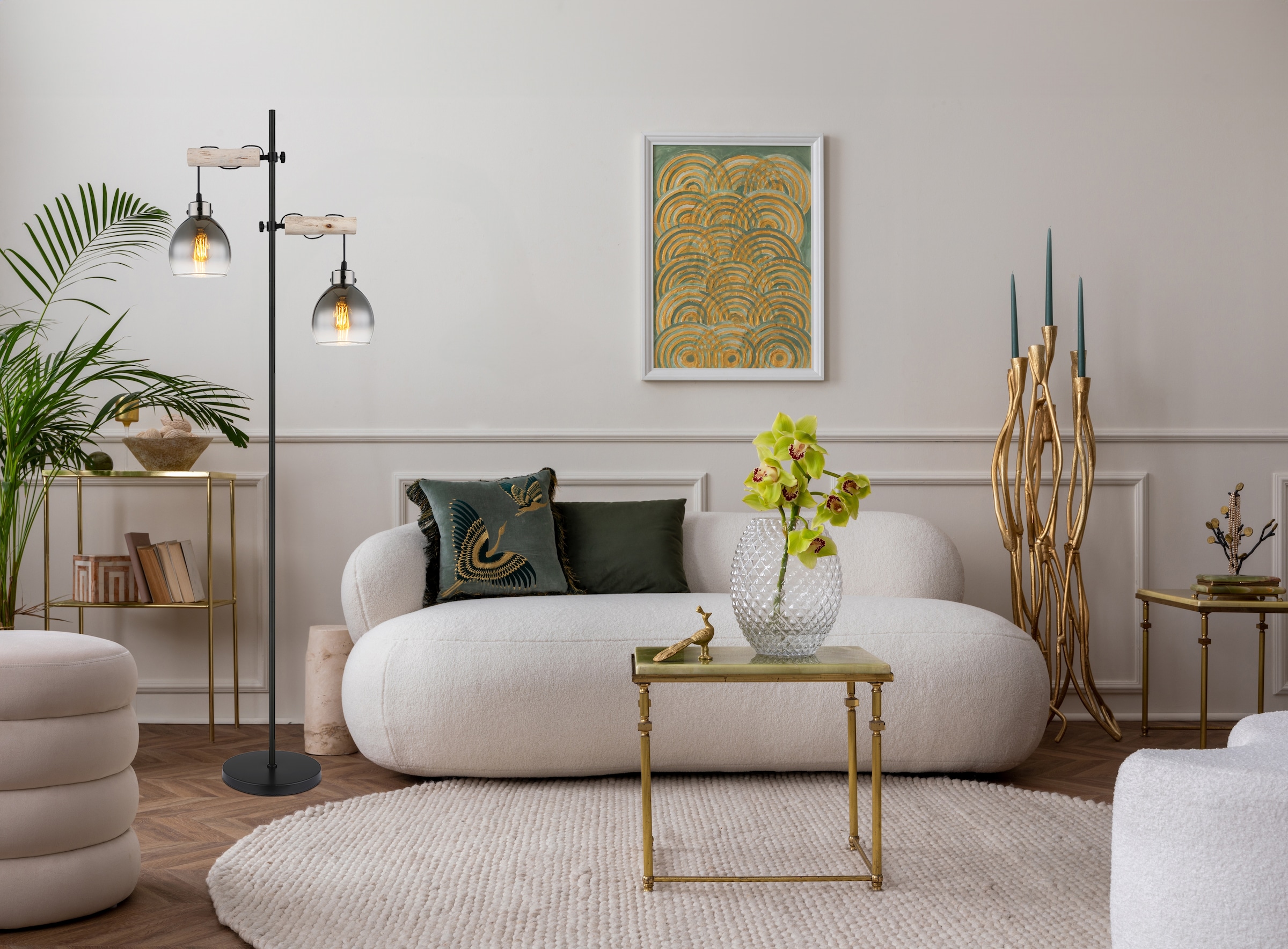 GLOBO LIGHTING Stehlampe »RYAN«, Leuchtmittel E27 | ohne Leuchtmittel, Stehlampe/Holz/Glas rauchfarben/Wohnzimmer/Schlafzimmer