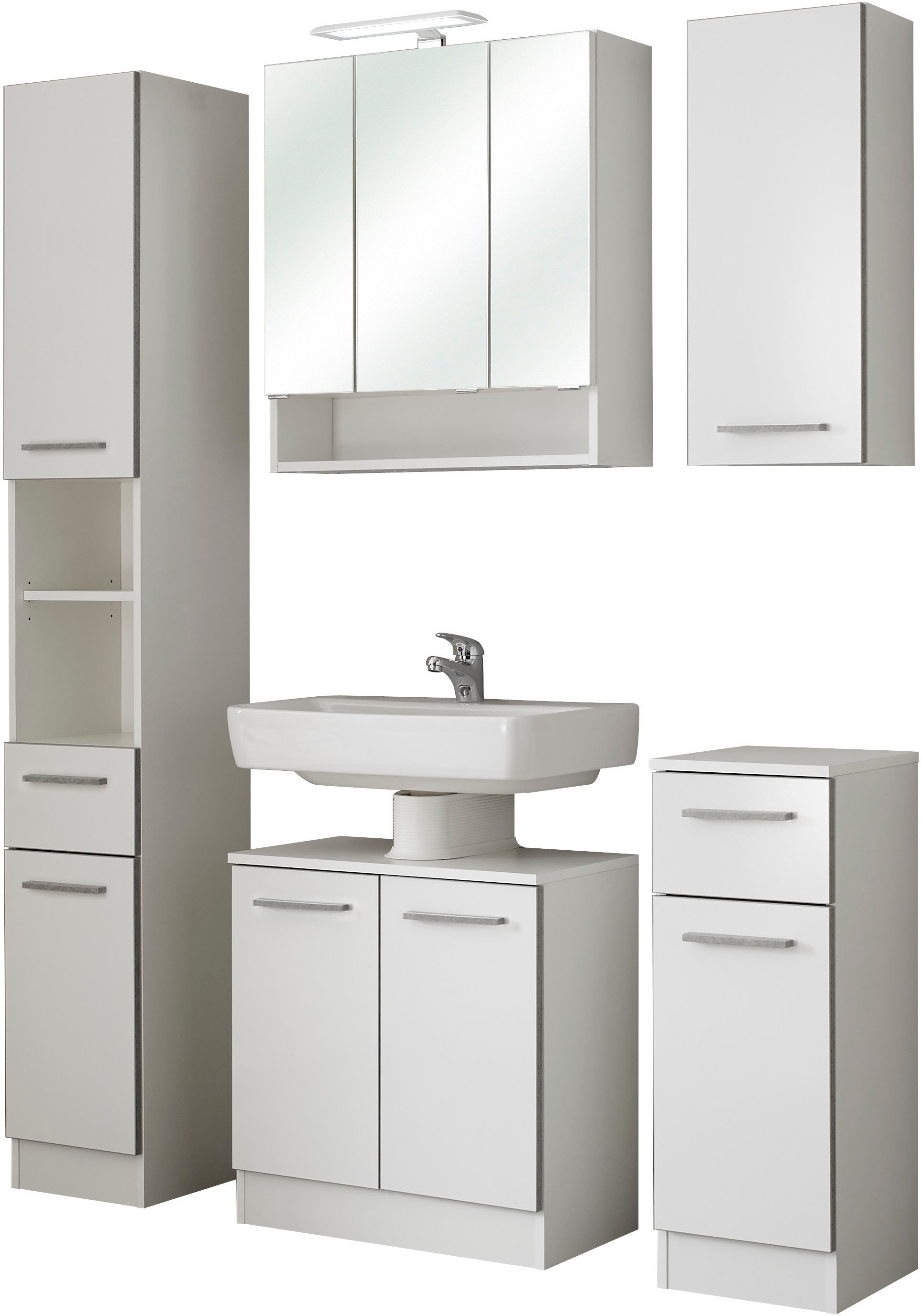 Saphir Badmöbel-Set »Quickset 953 5-teilig, Waschbeckenunterschrank und LED-Spiegelschrank«, (Set, 5 St.), in Weiß Glanz, Badmöbel inkl. Türdämpfer, ohne Waschbecken, 9 Türen