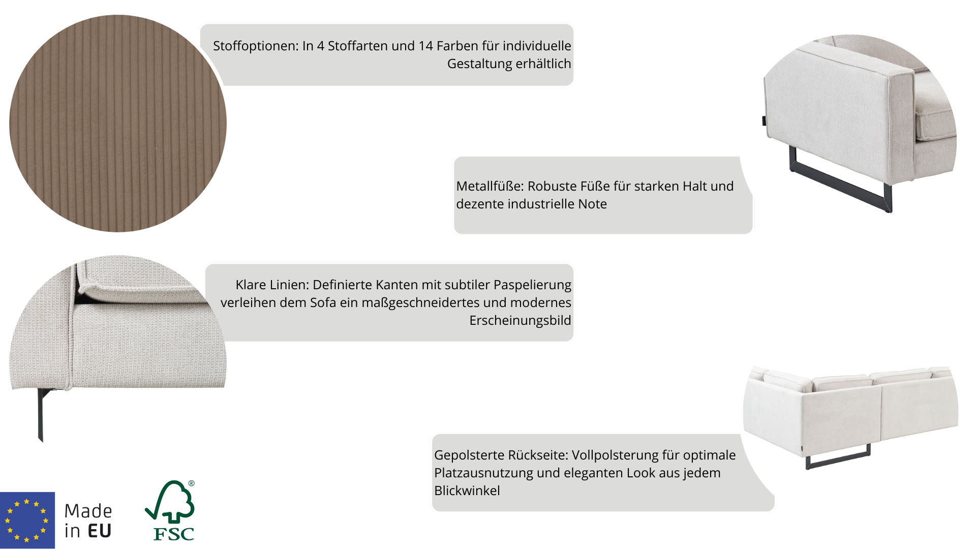 Places of Style 2-Sitzer »Pinto«, mit Keder, Metallfüßen und auch in Cord Bezug erhältlich