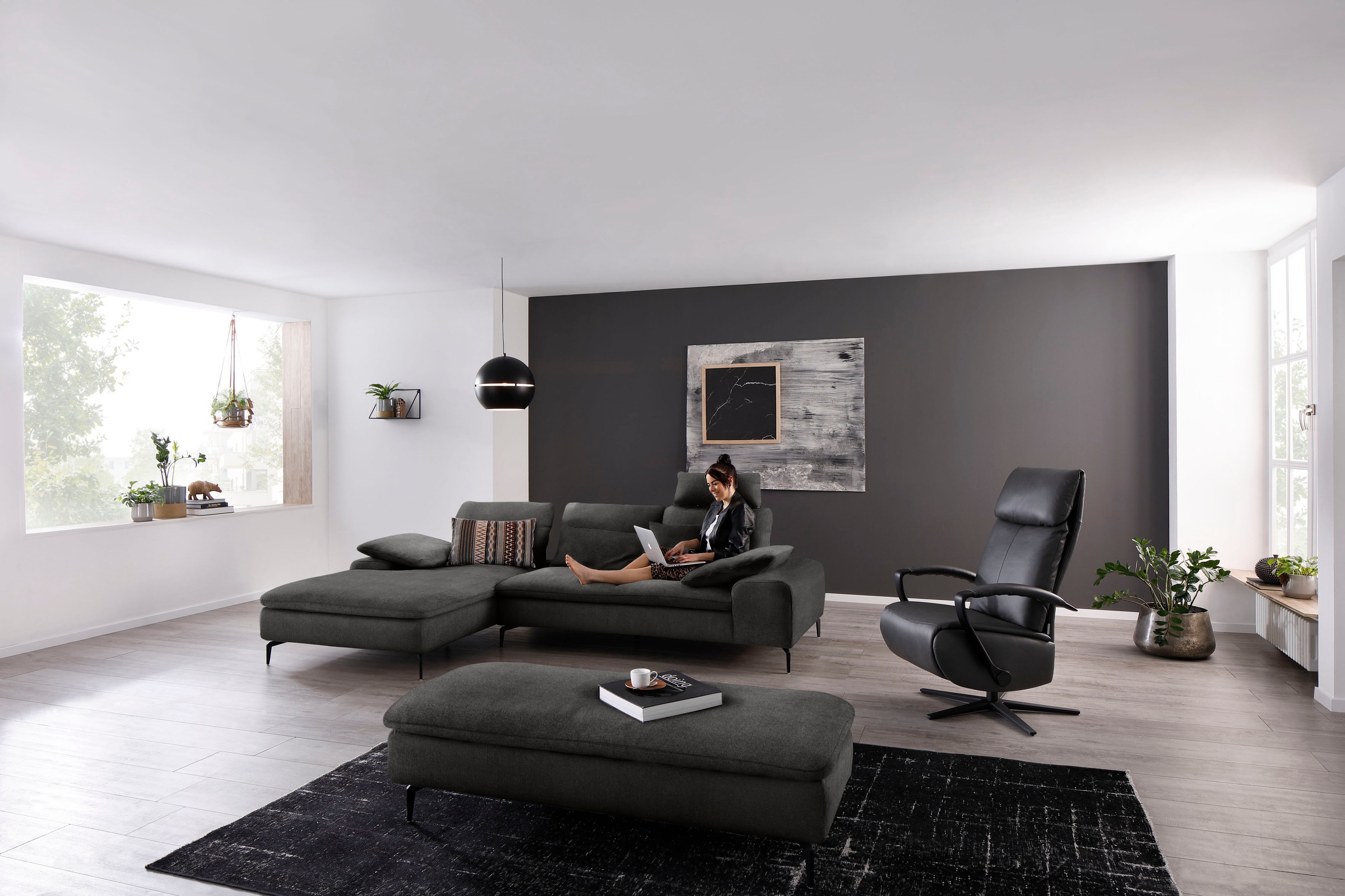 W.SCHILLIG Ecksofa »valentinoo, Designsofa, bequem, elegant und zeitlos, L-Form«, (Set), inklusive Hocker, mit Sitztiefenverstellung, Breite 299 cm