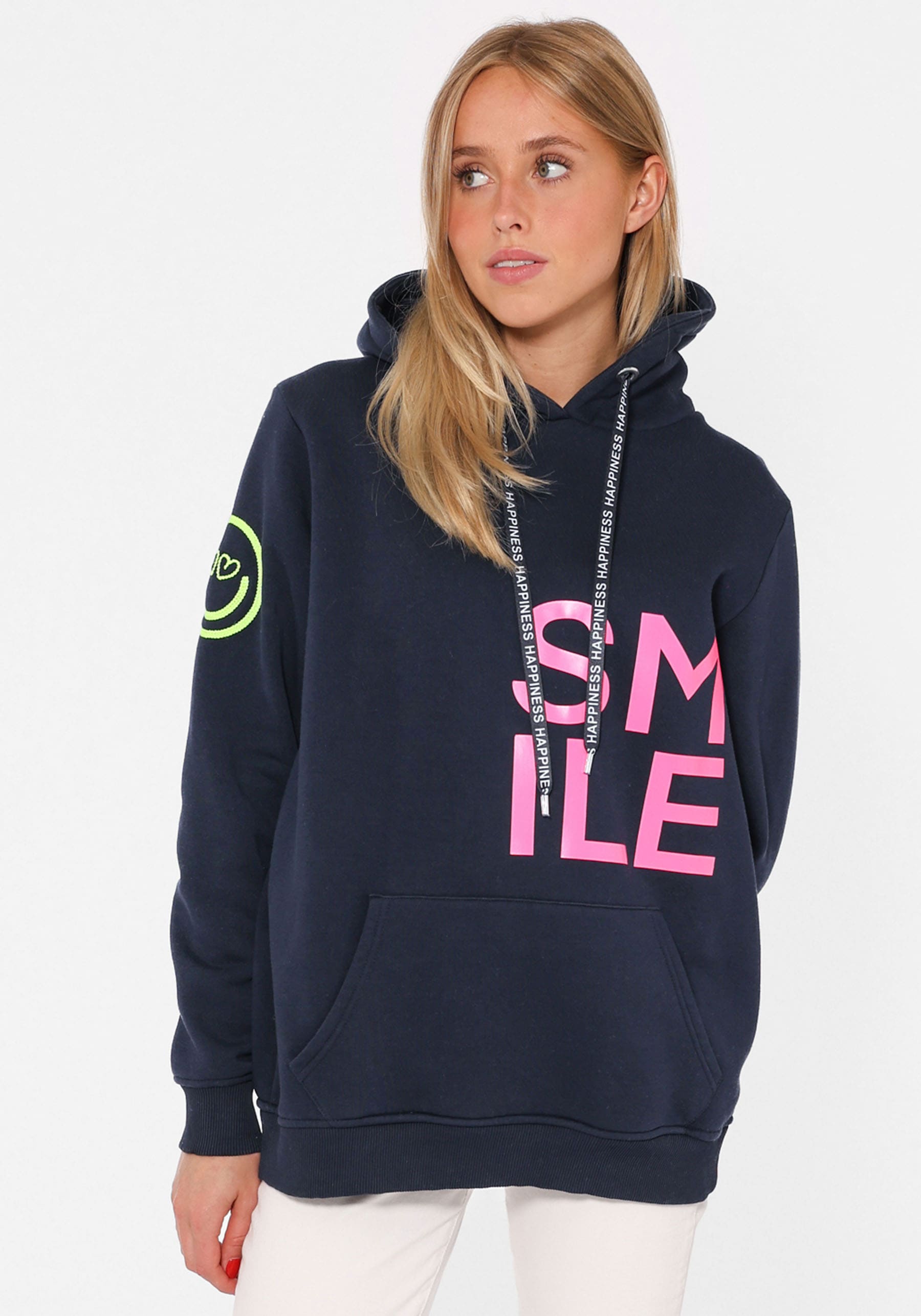 Hoodie, mit "Smile"-Aufdruck in Neonfarben und gesticktem Smiley