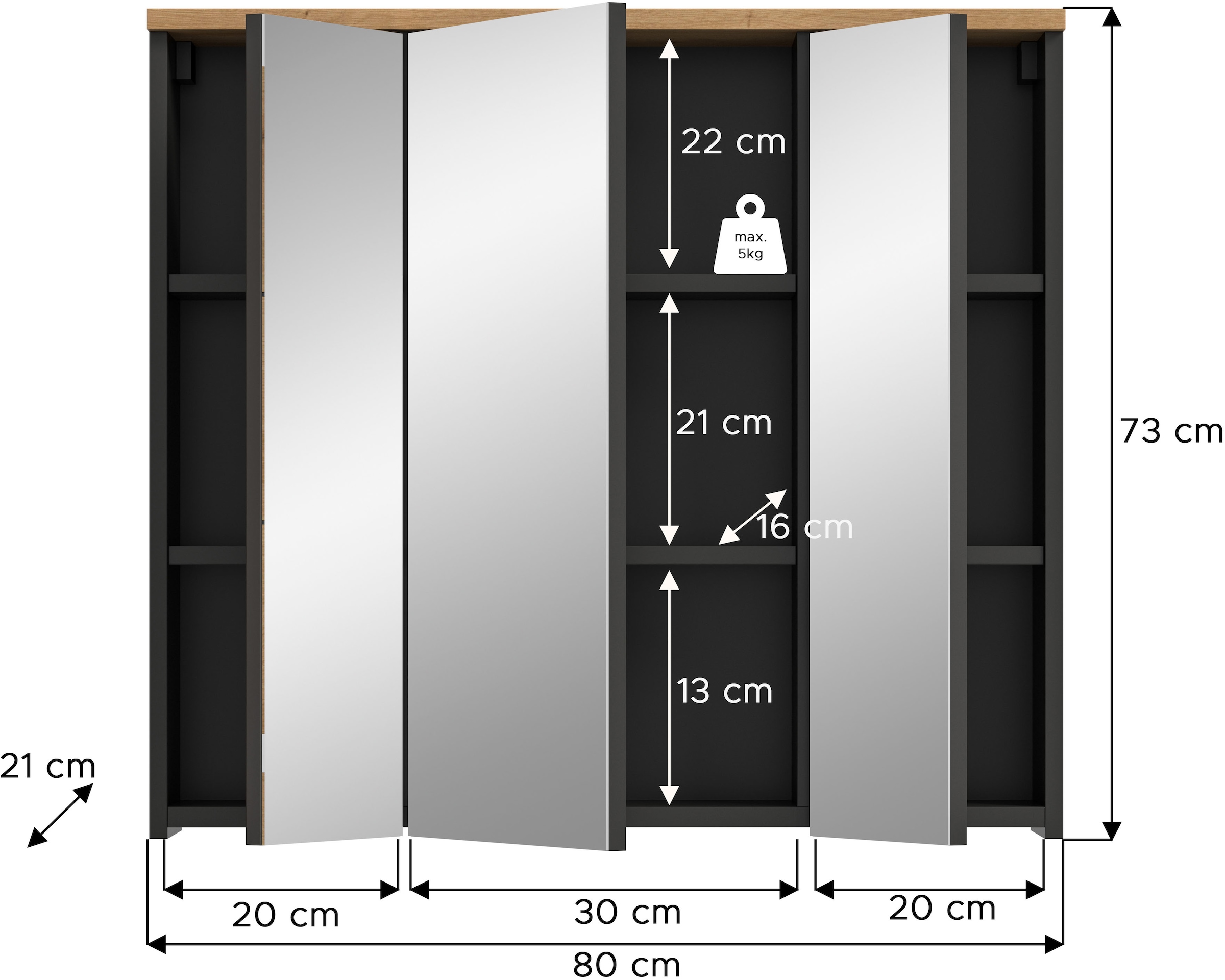 INOSIGN Spiegelschrank »REHAT, Breite 80 cm, 3 Spiegeltüren, 6 Einlegeböden«, Türanschlag der mittleren Tür wechselbar, Grifflose Spiegelfront