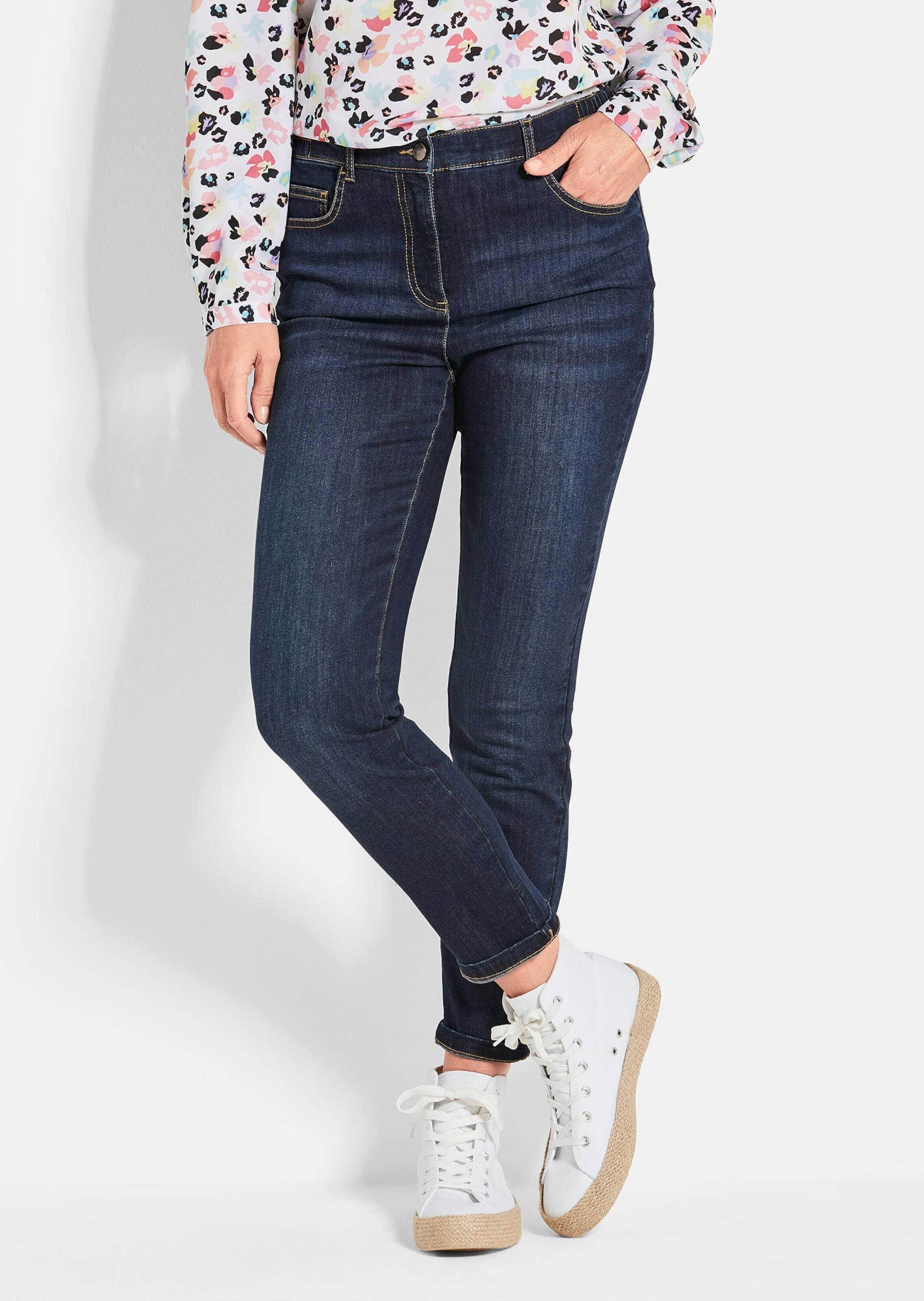 7/8-Hose GOLDNER "Slim Fit Jeans BELLA mit Dehnbund", Damen, Gr. 38, N-Gr, blau (dunkelblau), Obermaterial: 56% Baumwolle CO. 27% Polyester PES. 14% Viskose CV. 3% Elasthan EL., Hosen 7/8-Hose 2