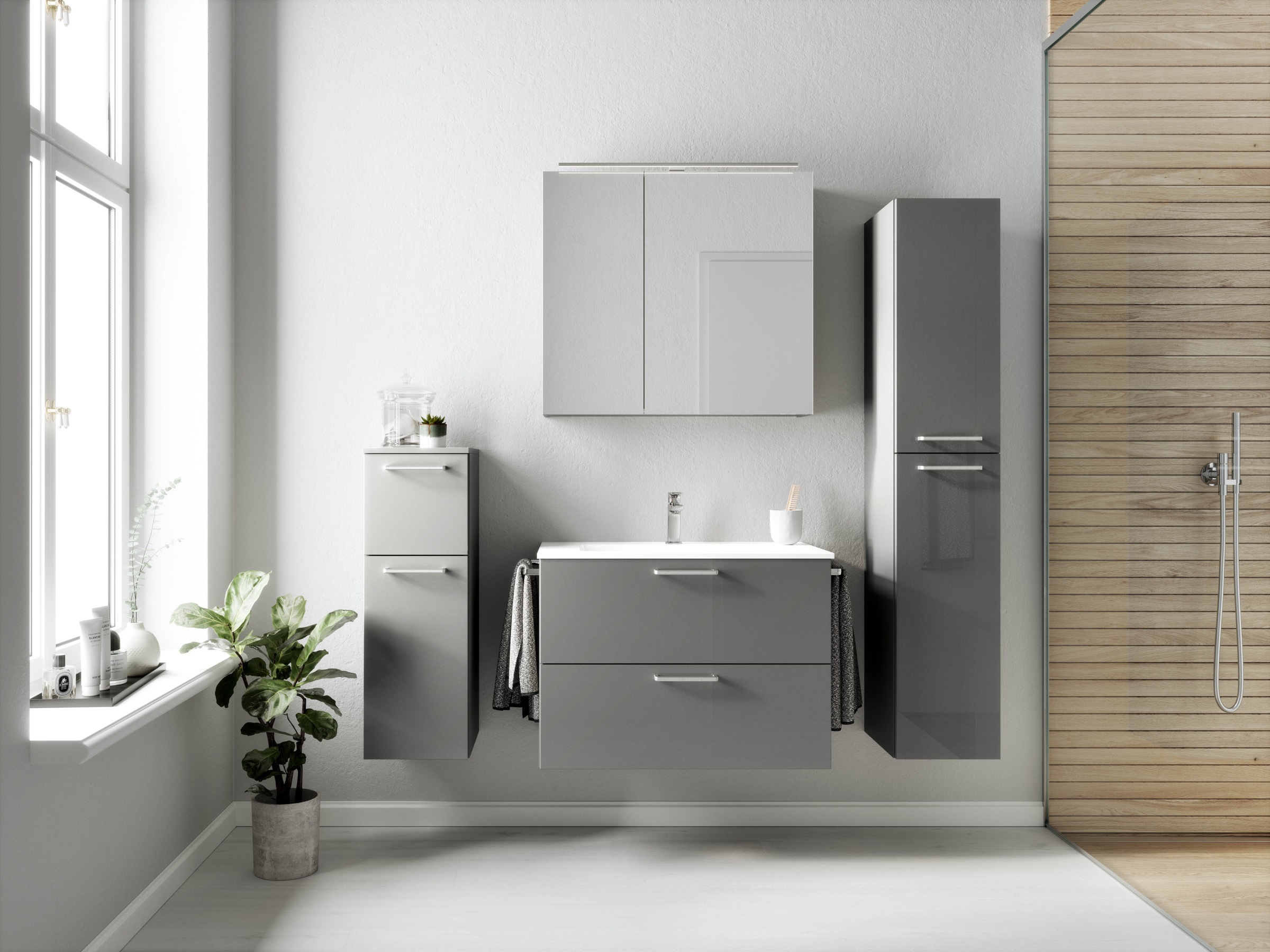 nobilia® Badmöbel-Set »Tolvina«, (4 St., vormontiert, mit Soft-Close), inkl. Spiegelschrank mit Beleuchtung und Dimmerfunktion, in 4 Breiten