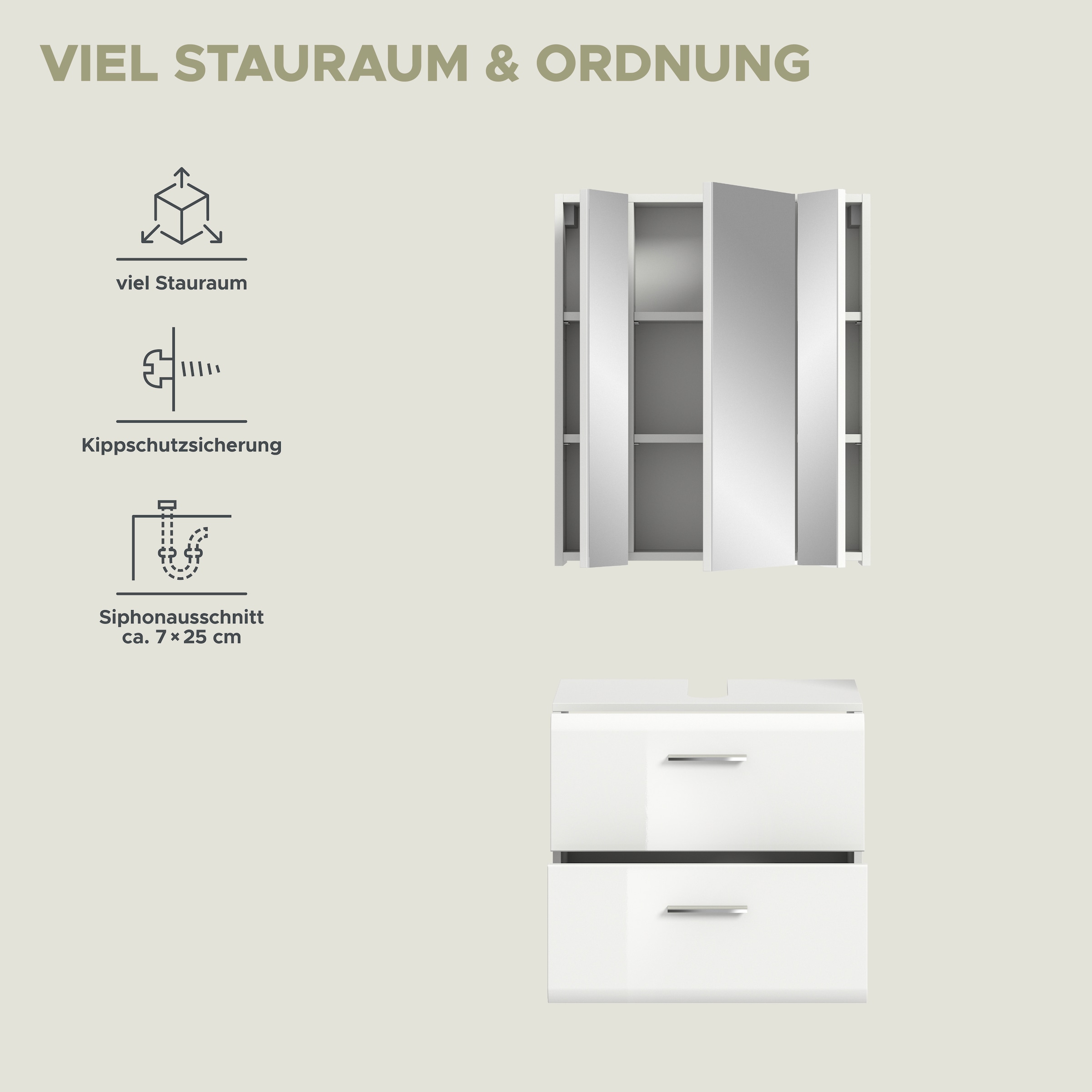 welltime Badmöbel-Set »FLORENZ, 2-tlg. Bad-Kombination, hochwertige MDF-Front« best. aus: 1 Spiegelschrank, 1 Waschbeckenunterschrank, 3 Stk. tlg.