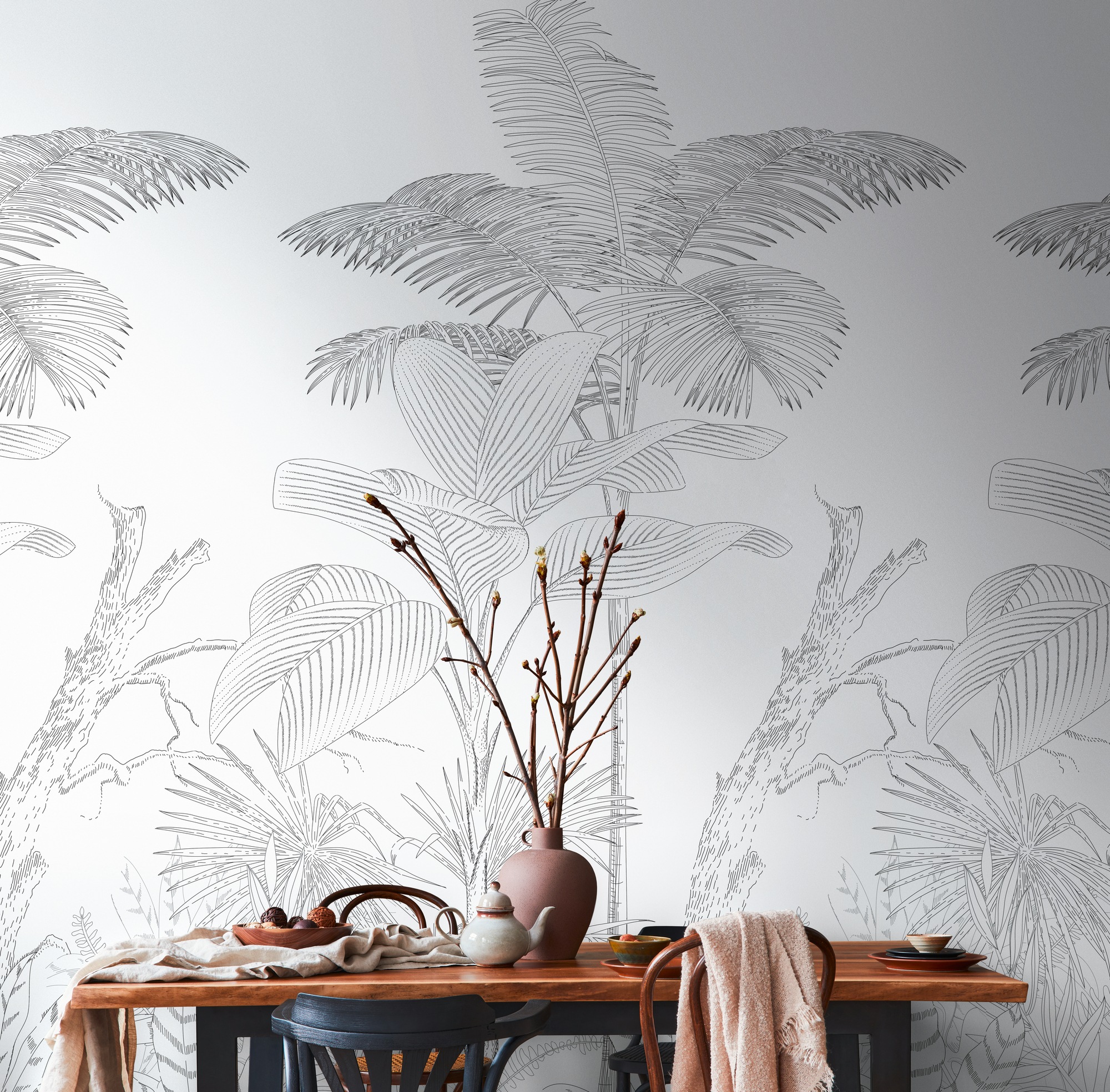 living walls "Dschungeltapete Zeichnung" gemustert matt neutral glatt Fototapete - Tapeten Wohnzimmer Schlafzimmer Küche Design Kinderzimmer