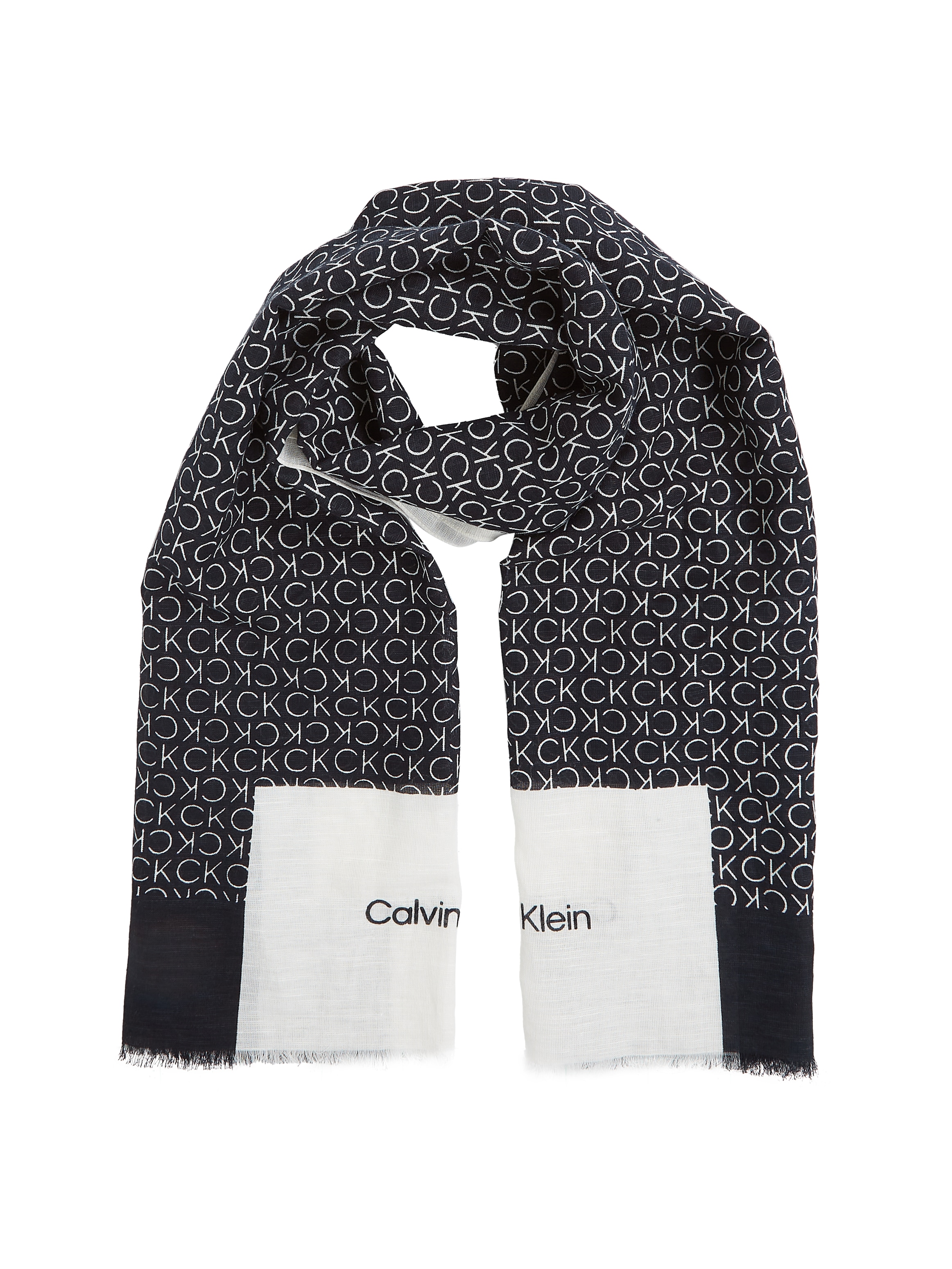 Calvin Klein Schal "GEO MINIMAL LOGO LINEN STOLE", Logoprägung, ausgefranste Enden