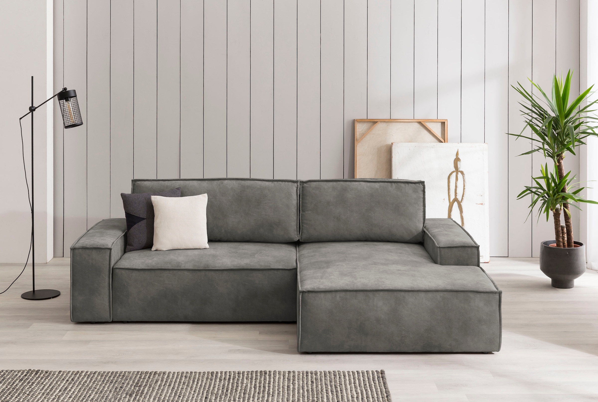OTTO home Ecksofa "SHERWOOD Vintage Lederoptik L-Form, 267 cm" Schlaffunktion mit Bettkasten (210x136 cm), Cord, Vintage, Samtvelours
