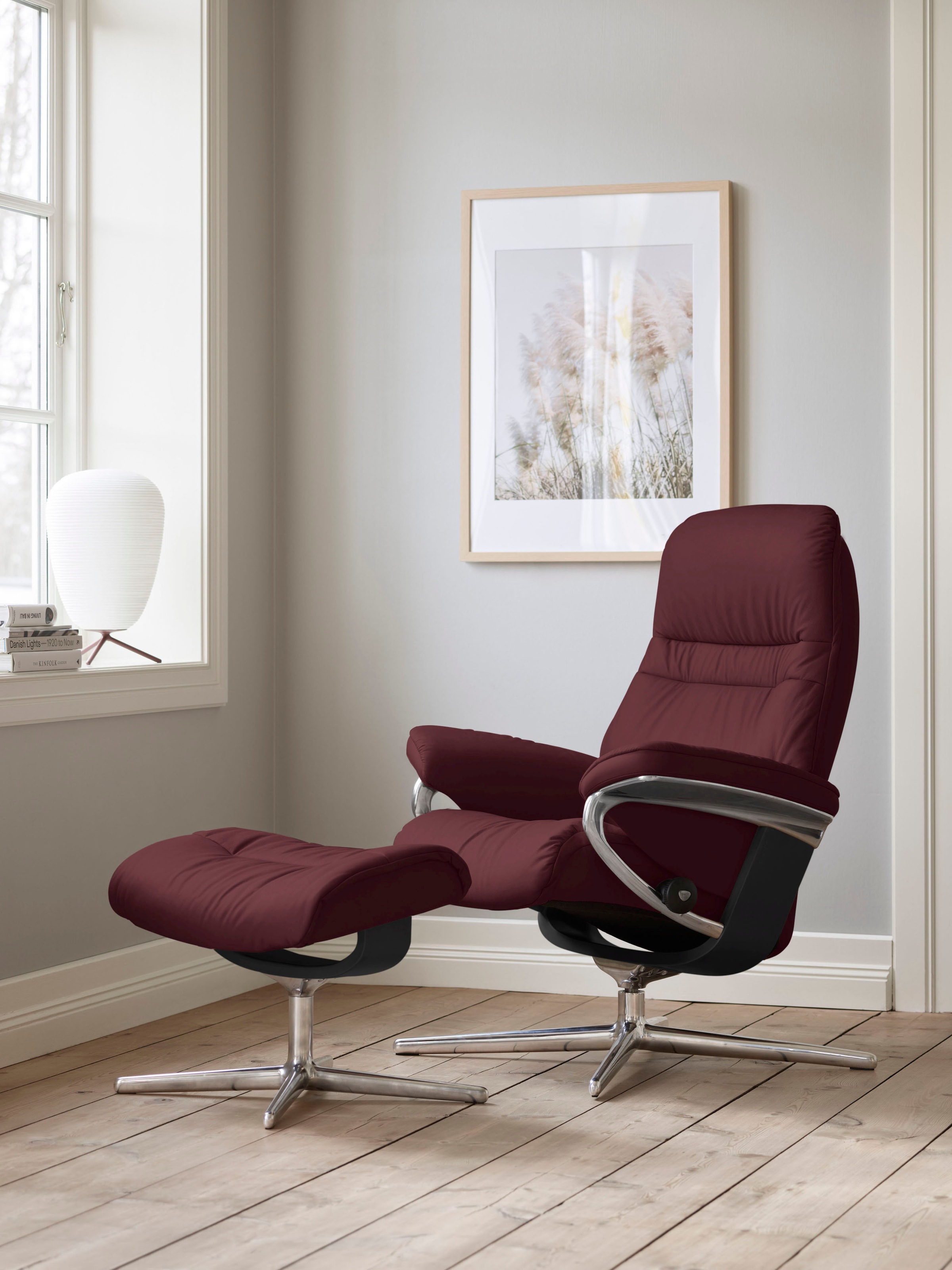 Stressless Relaxsessel "Sunrise" Set, Relaxsessel mit Hocker, mit Hocker, mit Cross Base, Größe S, M & L, Holzakzent Schwarz