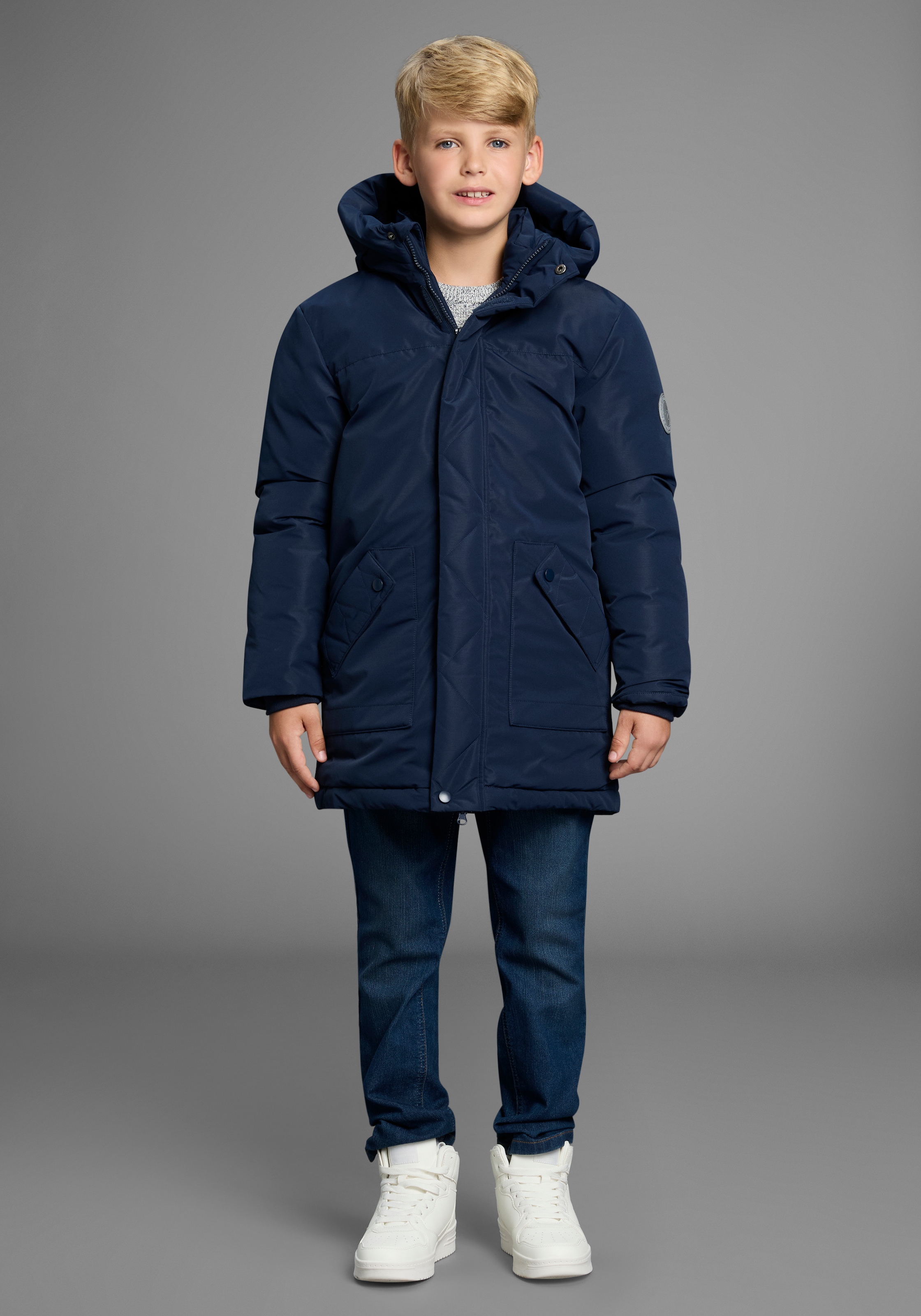 KangaROOS Outdoorjacke »Winterwarme Jacke«, mit Kapuze, Lange Winterjacke mit reflektierenden Details