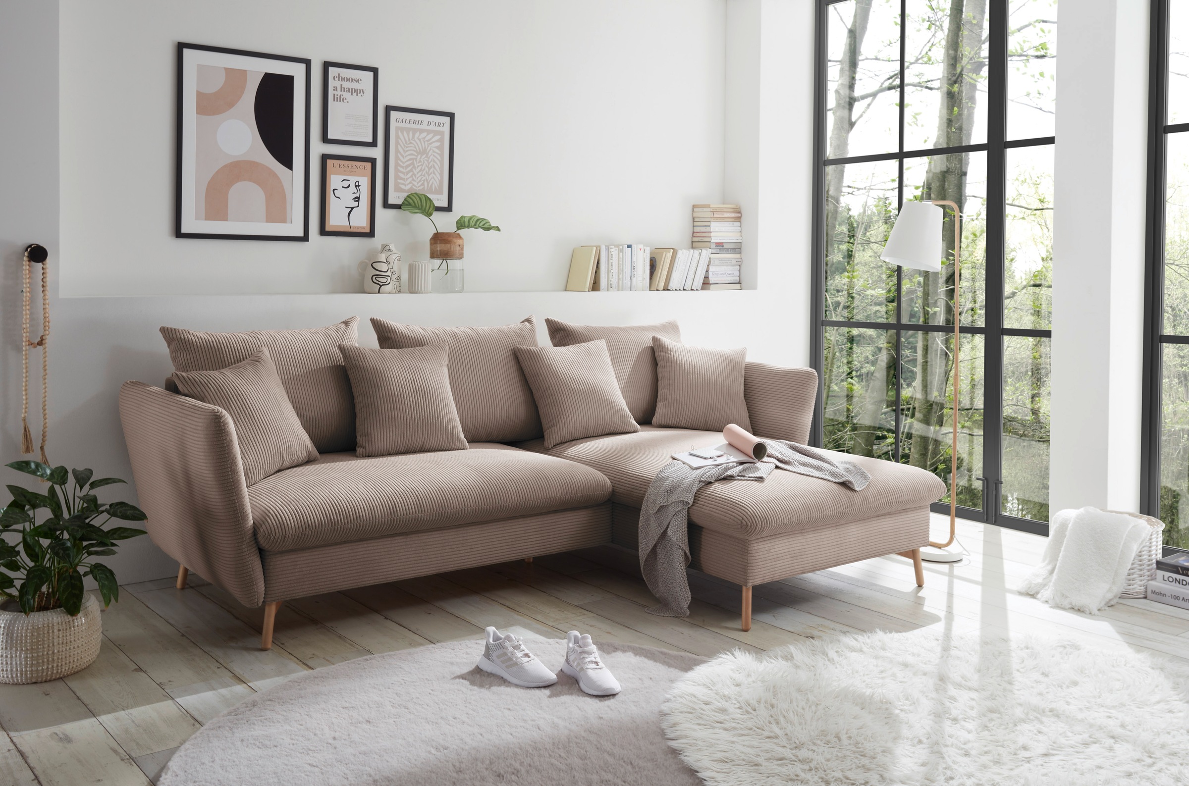 andas Ecksofa »MERLE, 258 cm, L-Form, traumhafter Cord,«, mit Bettfunktion und Bettkasten, Liegefläche 224 x 139