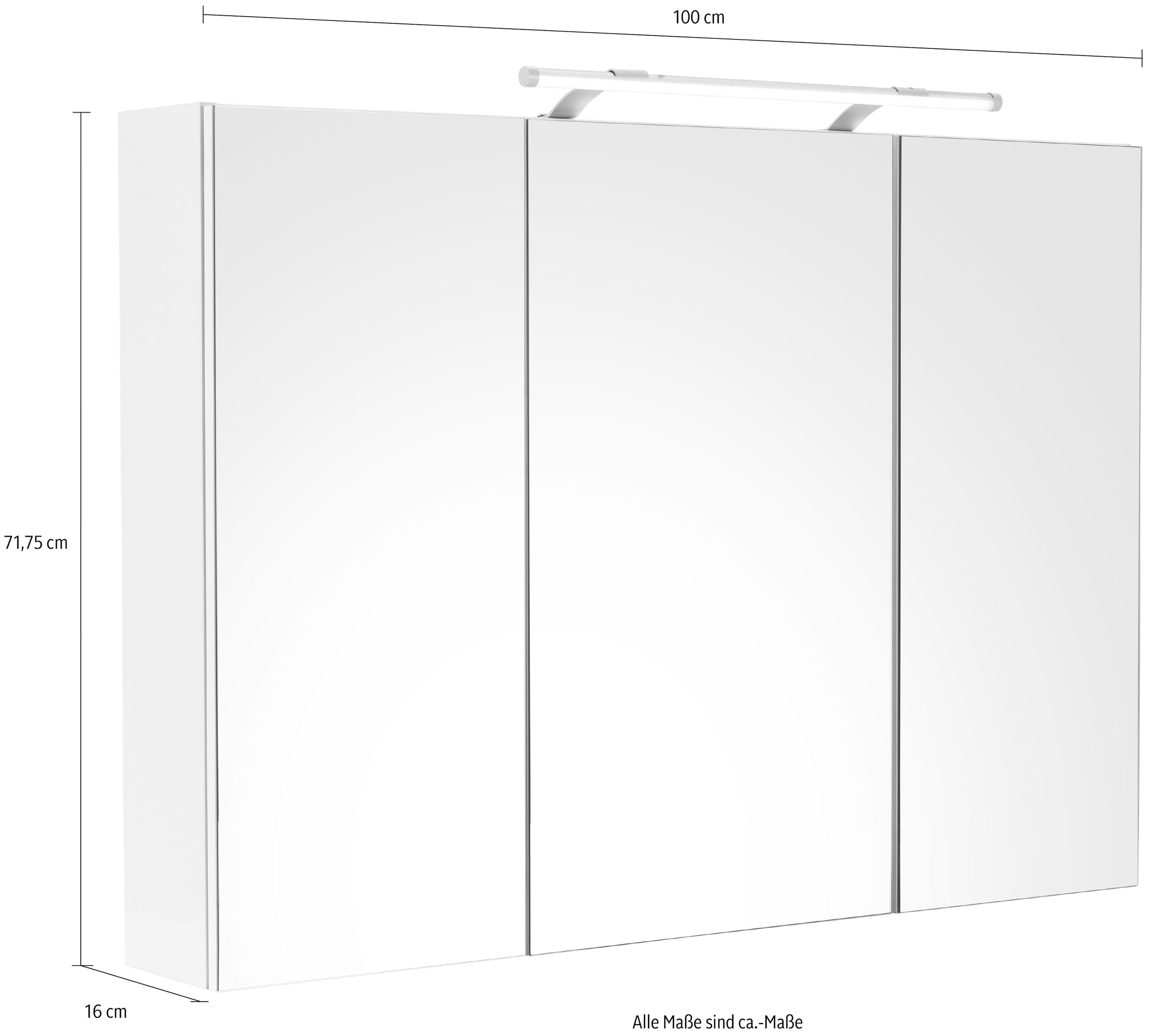 Schildmeyer Spiegelschrank »Dorina, mit höhenverstellbaren Glasböden«, Breite 100 cm, 3-türig, LED-Beleuchtung, Schalter-/Steckdosenbox