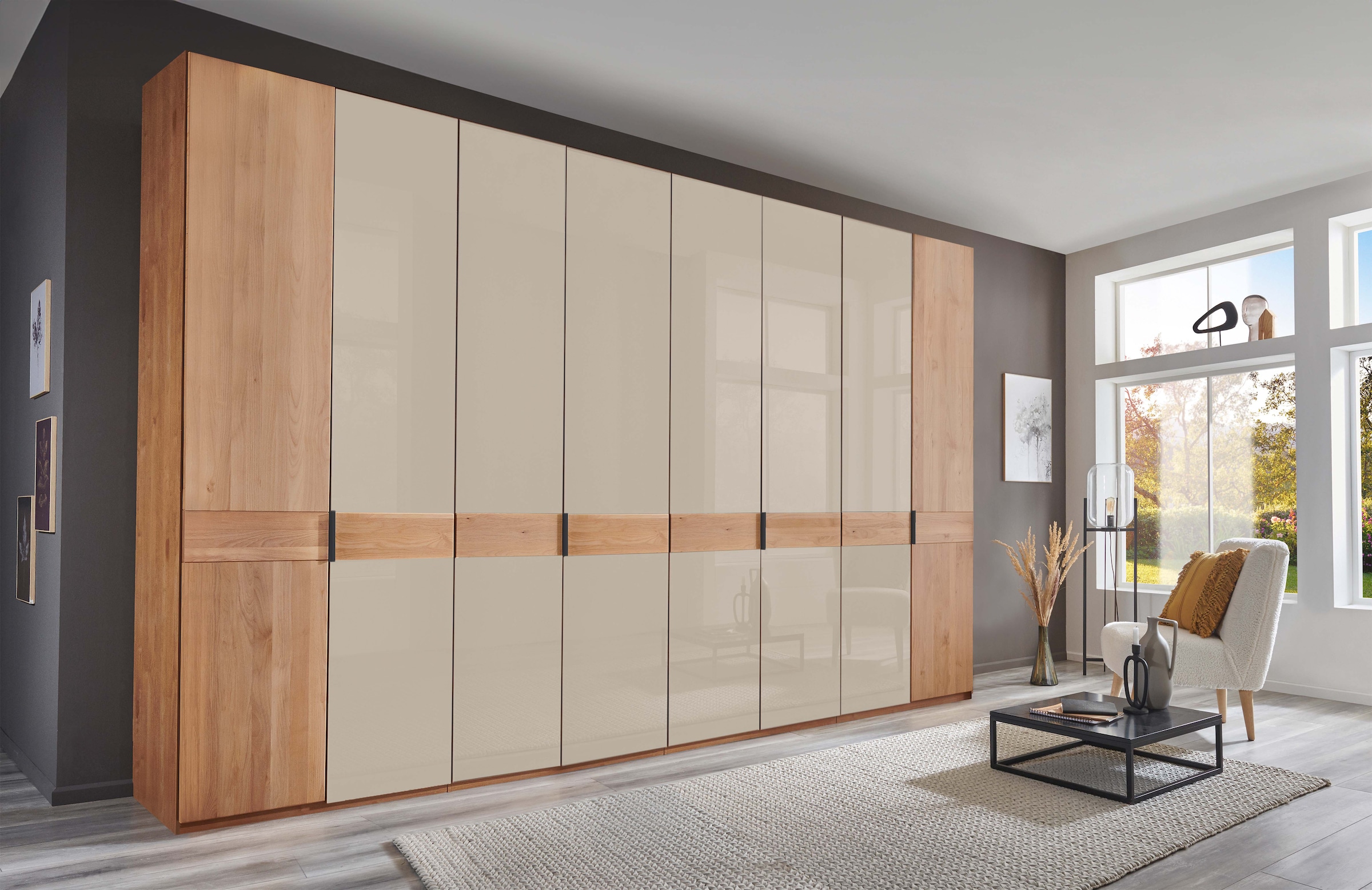 WIEMANN Kleiderschrank "Cardiff, Massivholztüren in Kombination mit Glas- oder Spiegeltüren" 4 Breiten, 2 Höhen 216/236cm auswählbar, hochwertiges Design in langlebiger Qualität, viel Stauraum