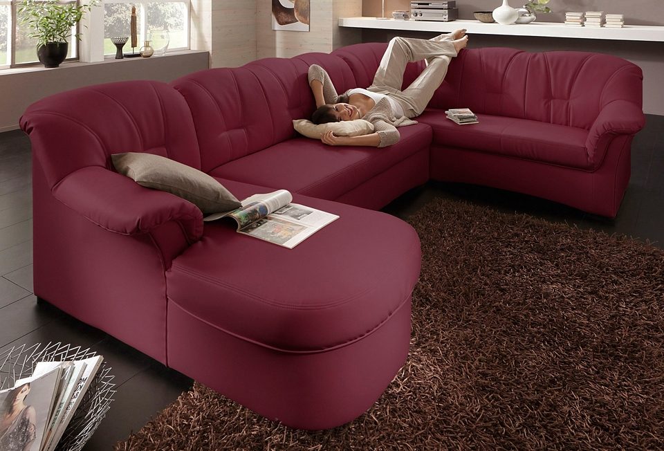 DOMO collection Wohnlandschaft "Papenburg, zeitlose Rückensteppung, bequem, U-Form, Breite 297cm" in großer Farbvielfalt, wahlweise mit Bettfunktion