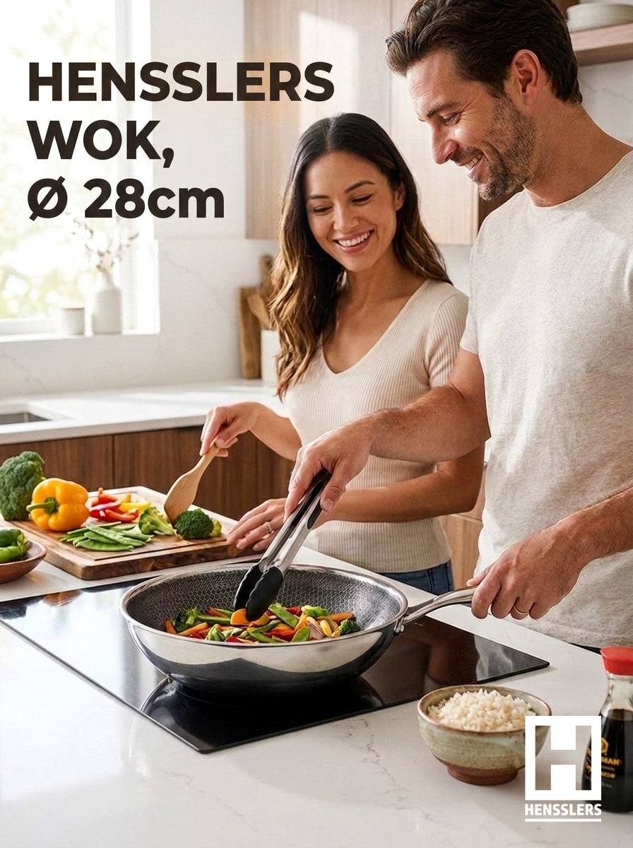 HENSSLERS Wok "Premium, Pfanne 28 cm, inklusive Grillzange" Edelstahl Set, 2 tlg.