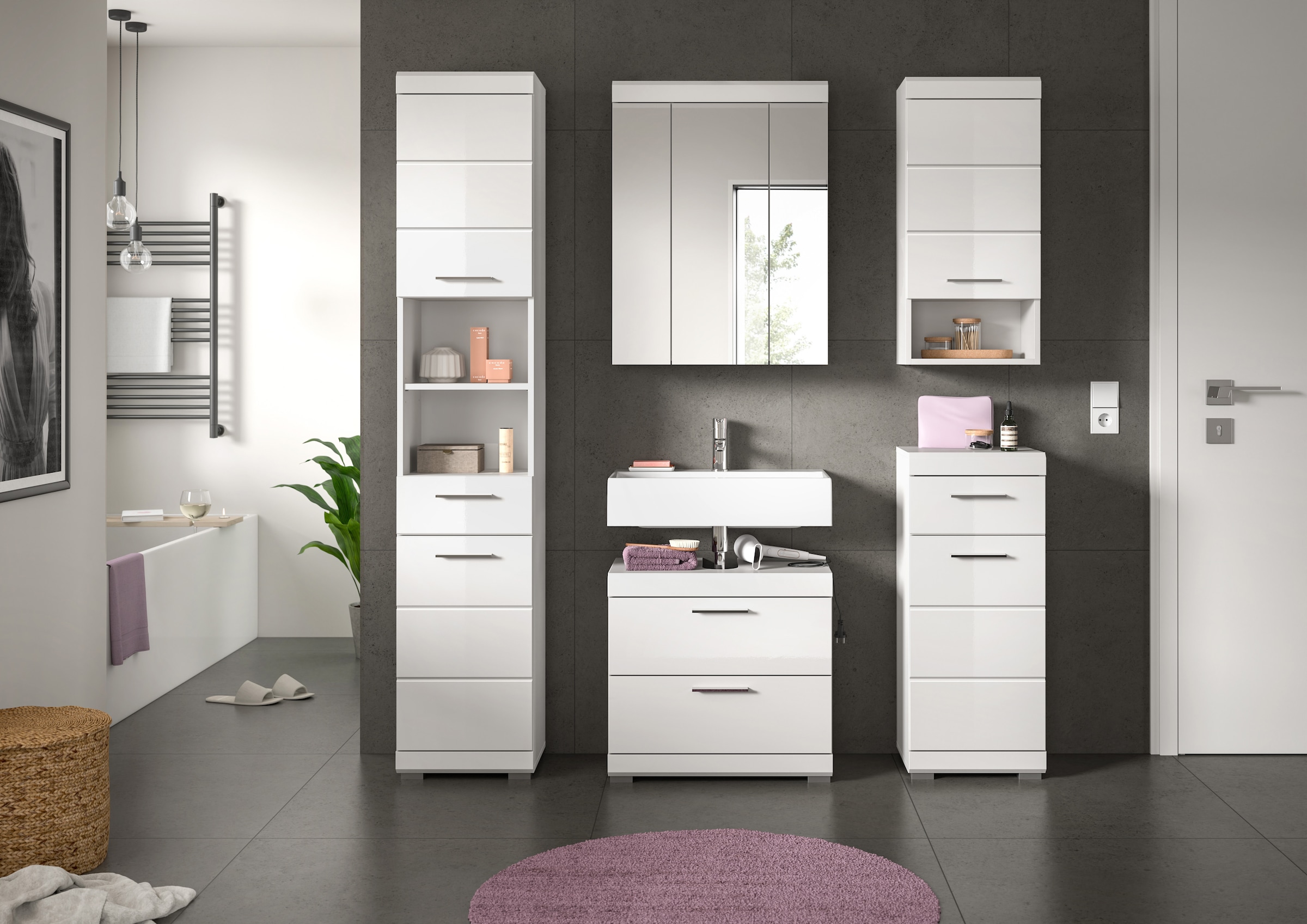 INOSIGN Badmöbel-Set »Siena, 5 teilig, bestehend aus:«, (Set), Hochschrank, WBU, Spiegelschrank, Unterschrank, Hängeschrank
