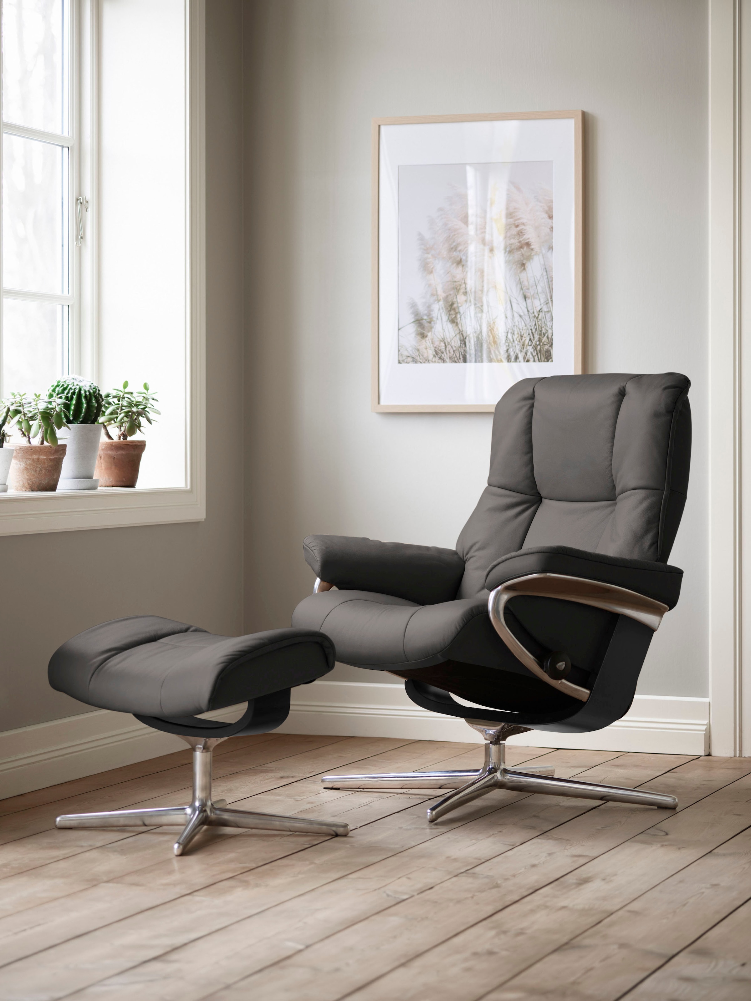 Stressless Relaxsessel "Mayfair" Set, Relaxsessel mit Hocker, mit Hocker, mit Cross Base, Größe S, M & L, Holzakzent Schwarz