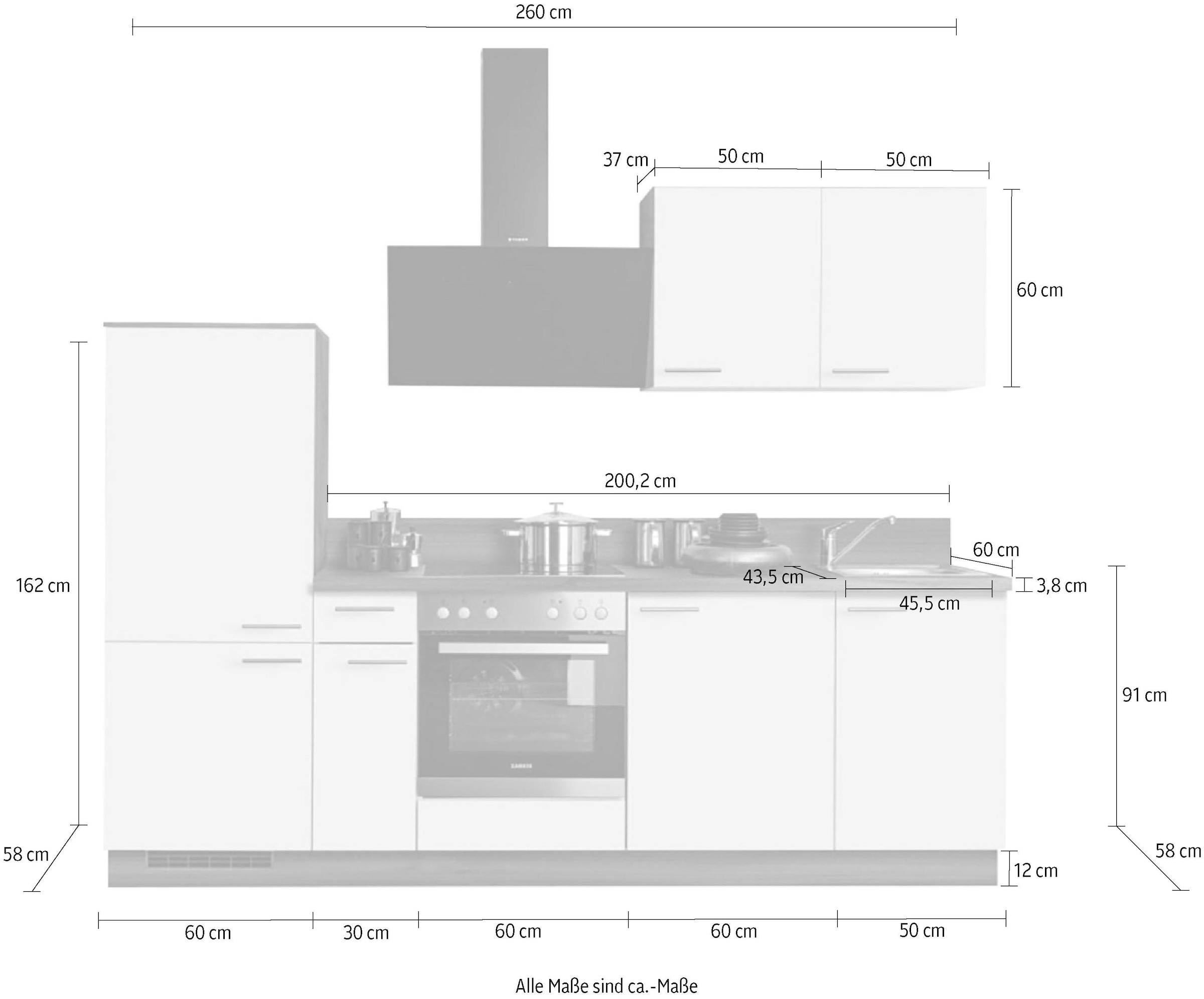 KOCHSTATION Küchenzeile »KS-Scafa, vormontiert, mit höhenverstellbaren Füßen«, vormontiert, wahlweise mit E-Geräten, mit Soft-Close, Breite 260 cm