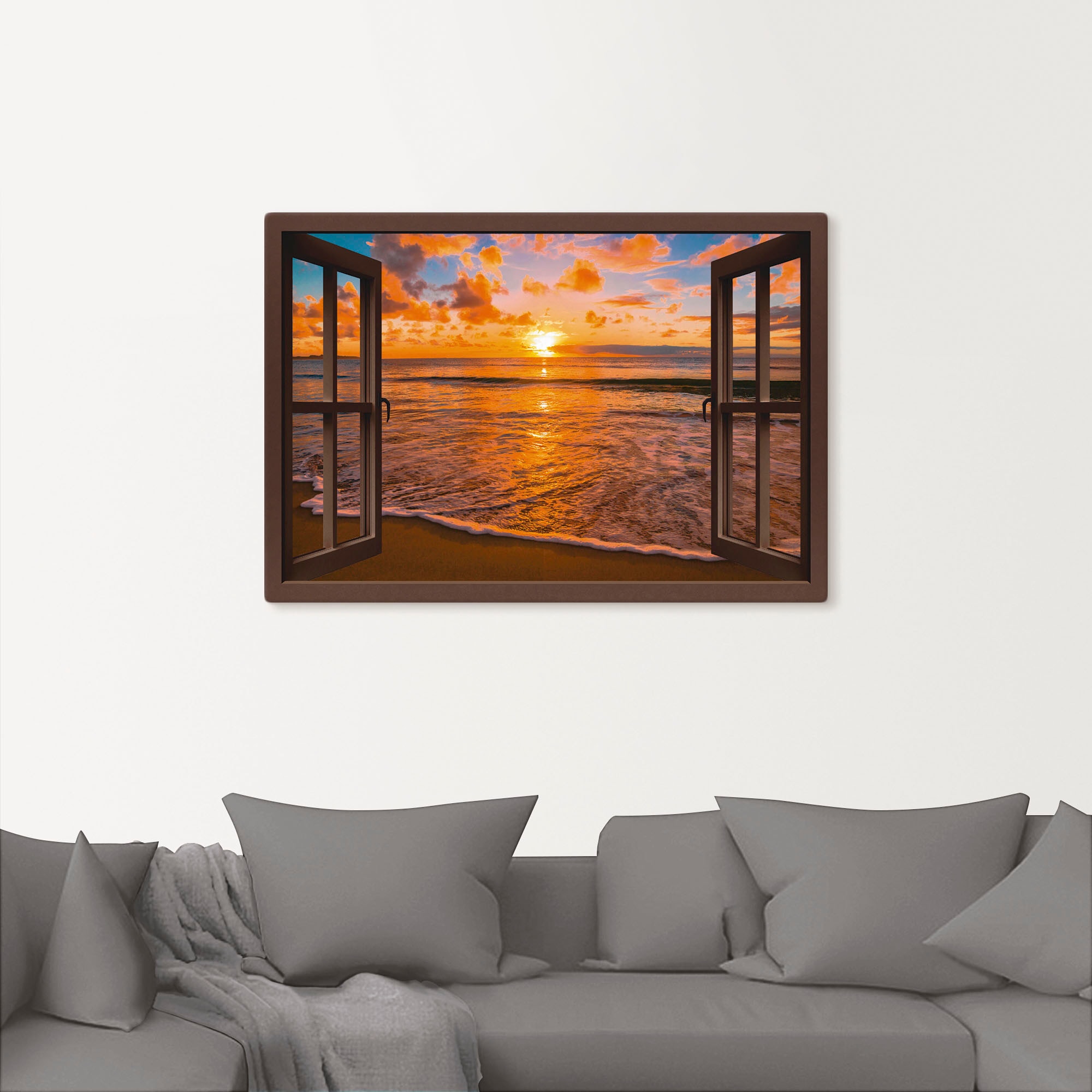 Artland Wandbild »Fensterblick Sonnenuntergang am Strand«, Sonnenaufgang & -untergang, (1 St.), als Leinwandbild, Poster, Wandaufkleber in verschied. Größen