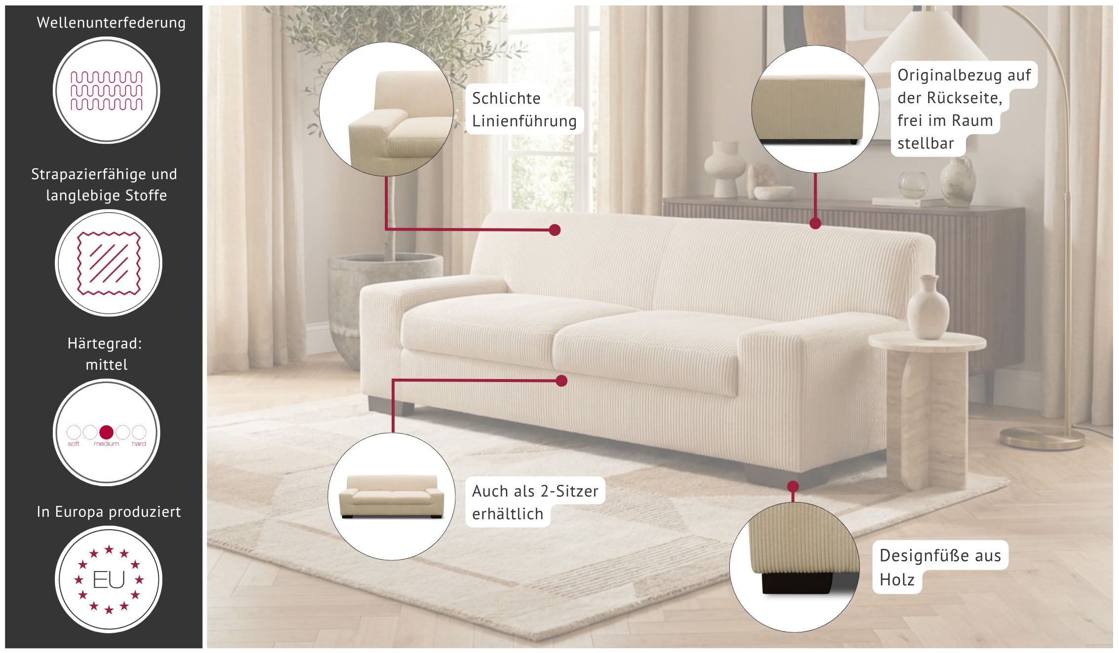 OTTO home 3-Sitzer »Faxe 212 x 85 cm, auch mit Schlaffunktion« aus pflegeleichtem, weichem Bezugsstoff