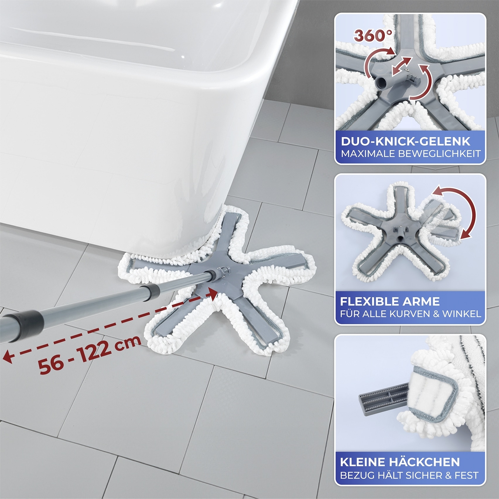 Maximex Bodenwischer-Set »Modell Oktopus mit Teleskopstiel«, (Set, 4 St.), 360° Duo-Knickgelenk, Mikrofaser-Bezug, reinigt nur mit Wasser