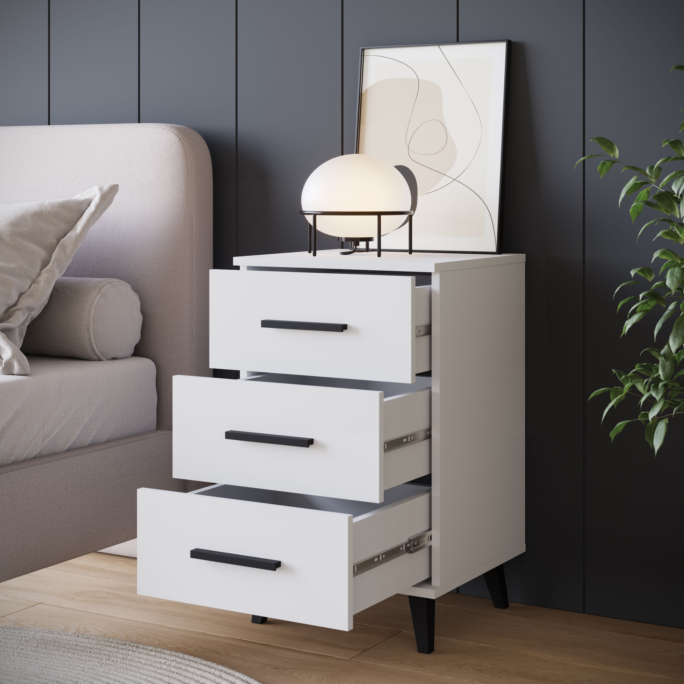 INOSIGN Nachtkommode »Lagos, 2 Nachtschränke, 3 Schubladen, schwarze Griffe & Füße«, (Set, 2 St.), modernes Design, B/T/H je 40/35/65 cm, pflegeleichte Oberfläche