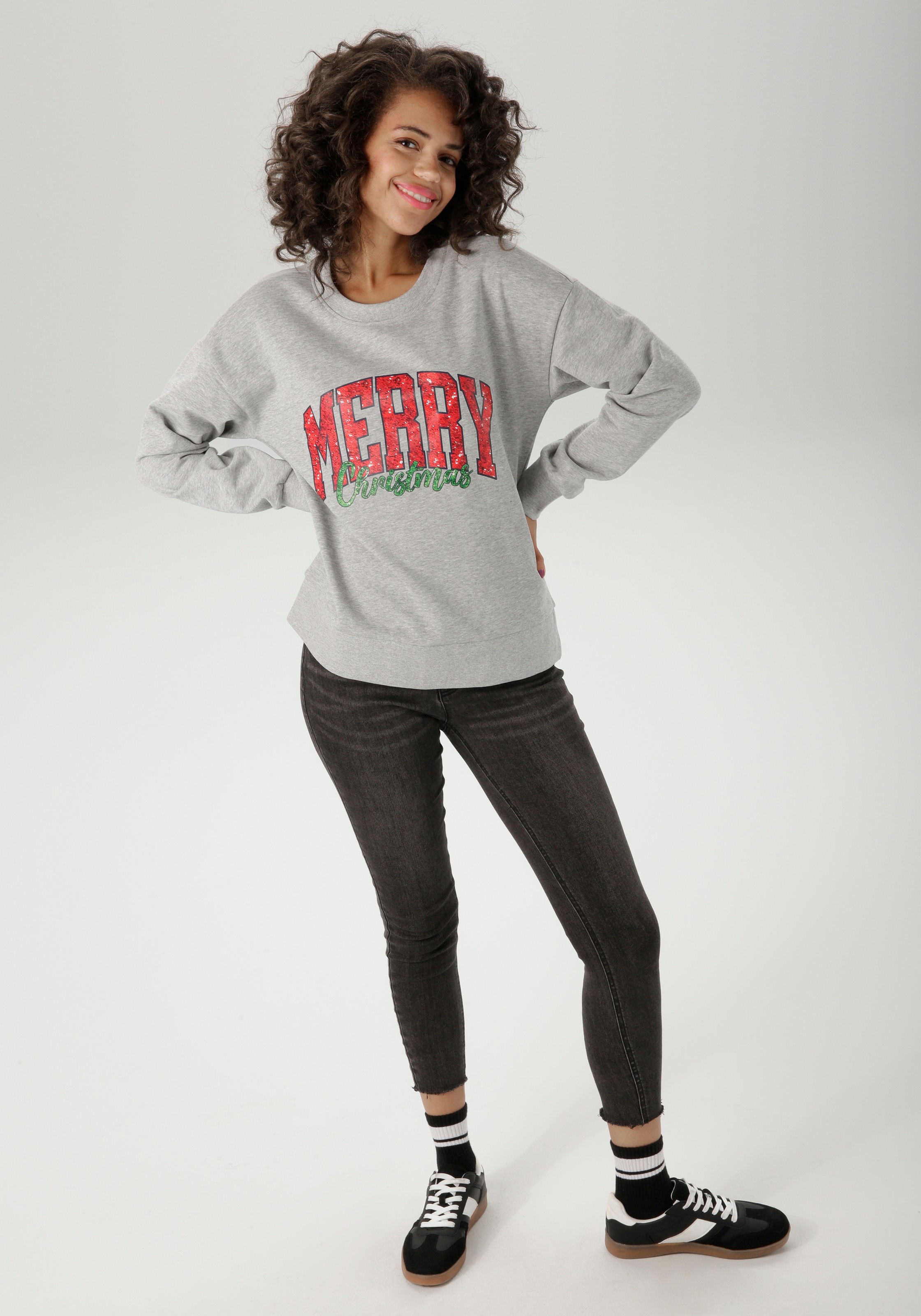 Aniston CASUAL Weihnachtssweatshirt, mit "MERRY Christmas"-Schriftzug in Pailletten-Optik - NEUE KOLLEKTION