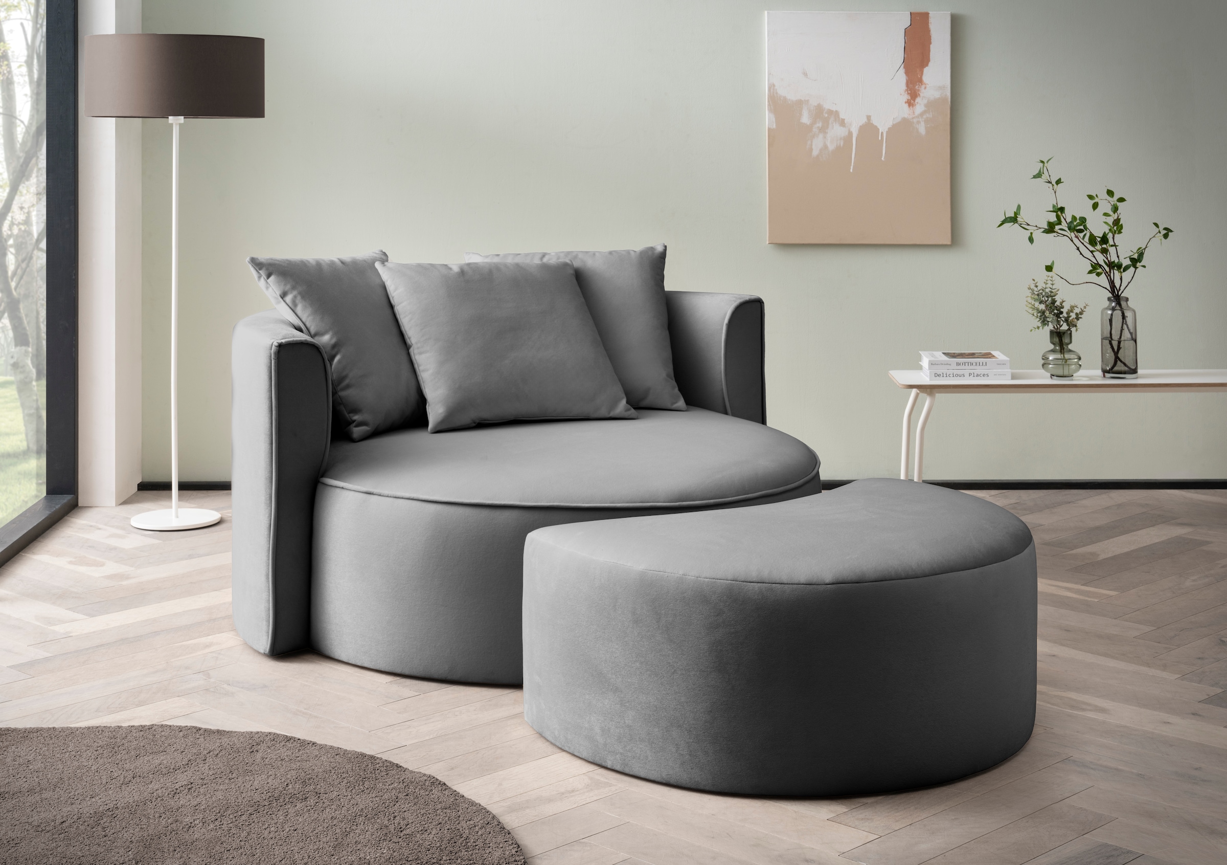 LeGer Home by Lena Gercke XXL-Sessel »Isalie, Rundsessel mit Hocker, Lesesessel, Loveseat, Big-Sessel«, (Set), trendige Stoffe, mit 3 Zierkissen, große Sitzfläche