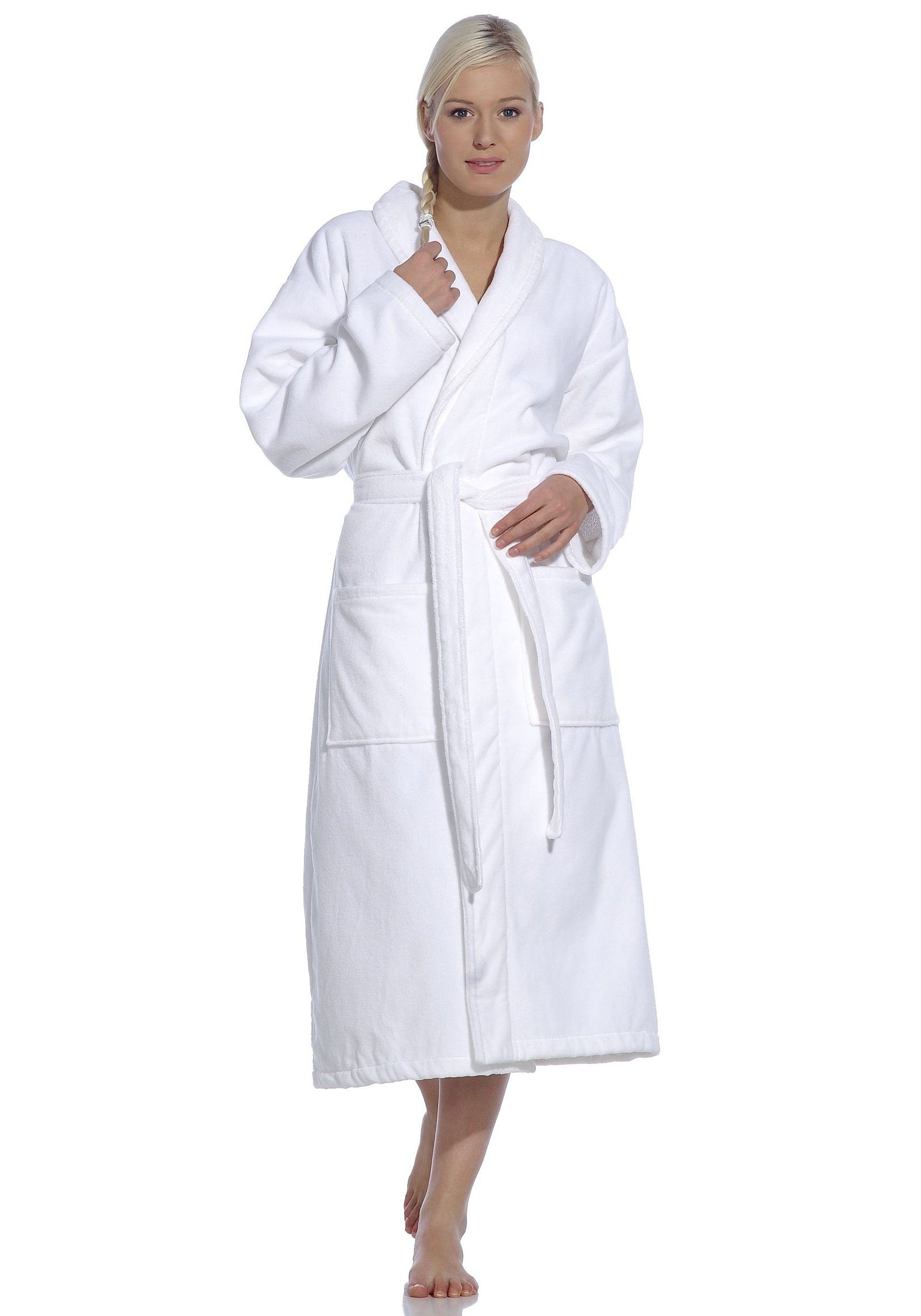 Bademantel VOSSEN, L:116cm, weiß, Webvelours, Hausmäntel, "Feeling-L, ideal für Sauna & Spa, Hotelbademantel, Morgenmantel", mit hohem Kragen