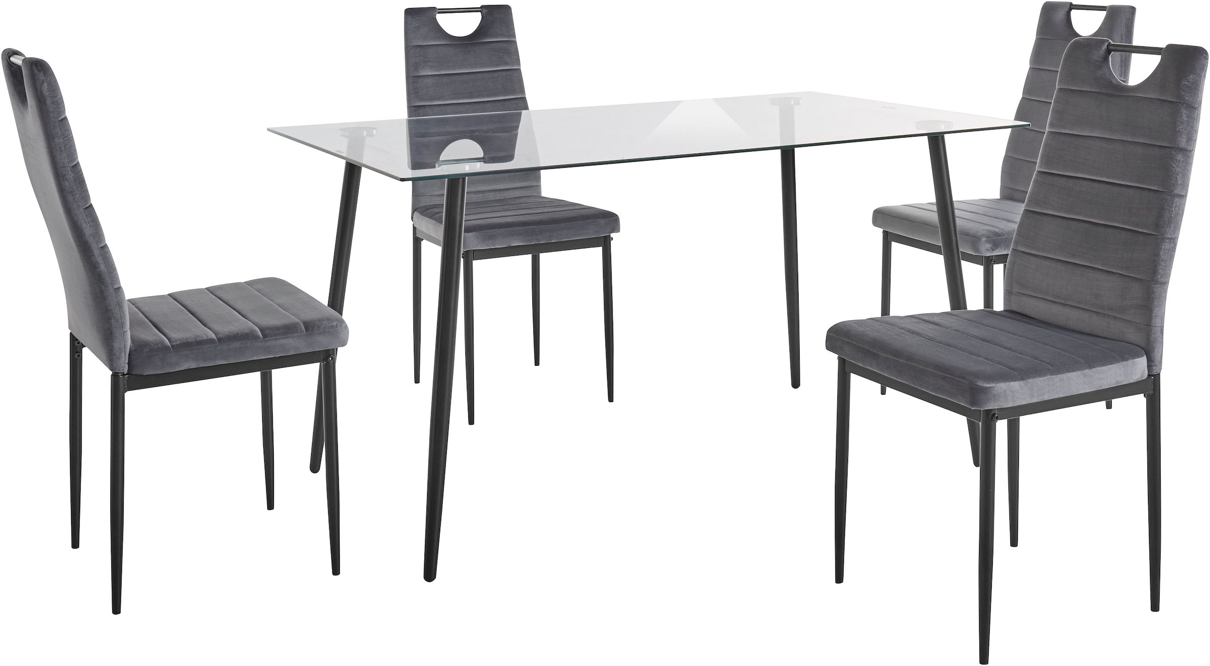 INOSIGN Essgruppe, (Set, 5 tlg.), Glastisch, Breite 140 cm und 4 Esszimmerstühlen, Bezug aus Samtstoff