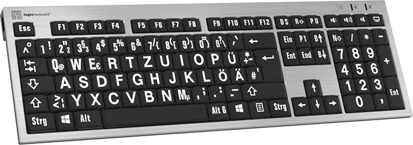 Logickeyboard Slimline-Tastatur »XL-Print White on Black DE (PC/Slim)«, (Ziffernblock-USB-Hub)