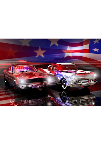 Fototapete »Amerikanische Autos, Flagge«