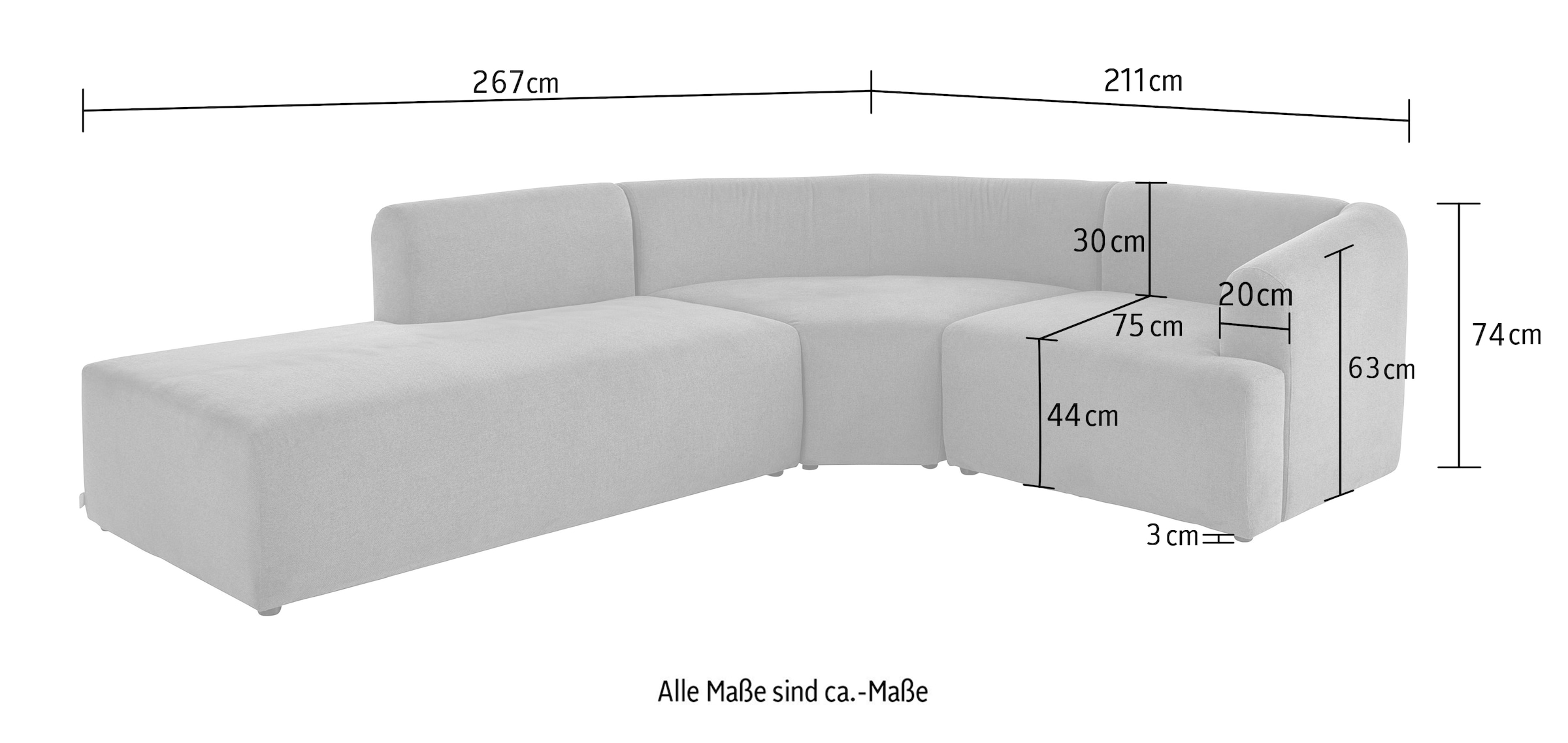 LeGer Home by Lena Gercke Ecksofa »LYZA L-Form links/rechts, Modularsofa, Maße B/T/H: 211/267/74 cm«, als Modul oder separat verwendbar, für individuelle Zusammenstellung