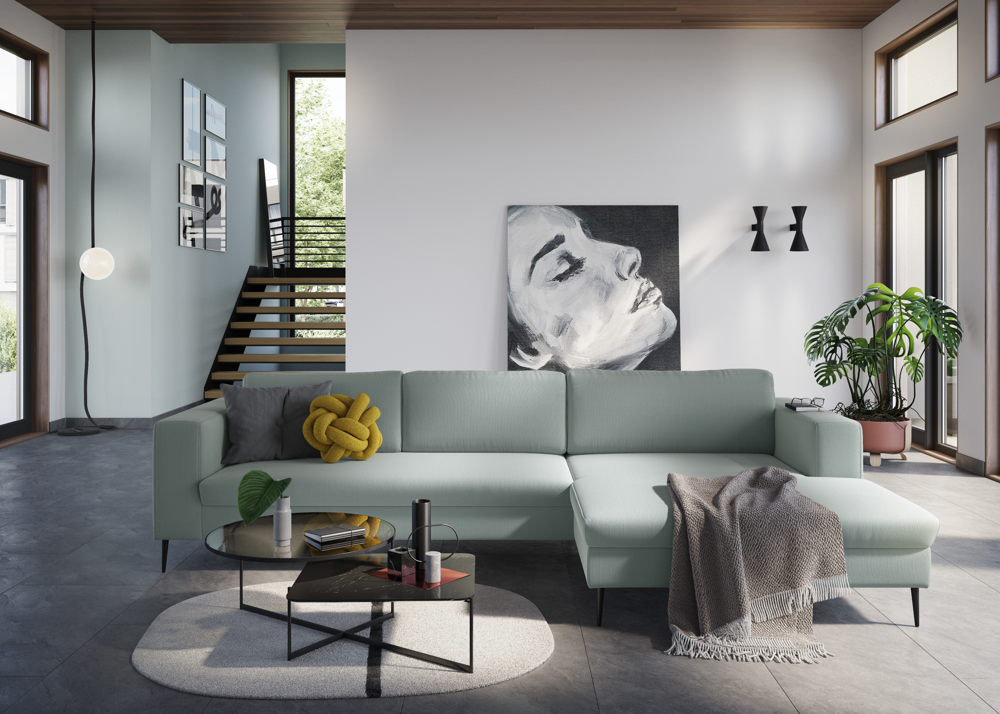 DOMO collection Ecksofa "Modica, zeitlos & elegant, Breite 329cm, hoher Fuß, bequem, L-Form" Auch in Cord, Fußhöhe passend für gängige Saugroboter