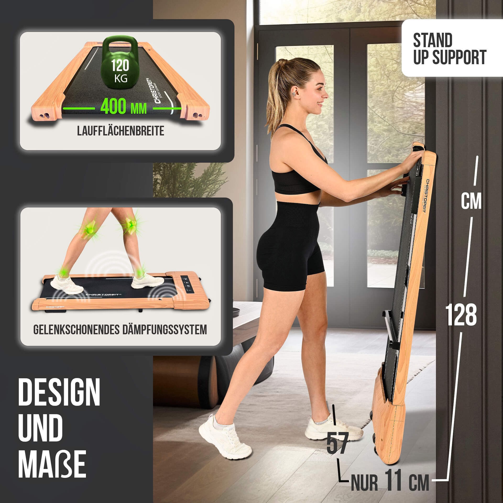 Christopeit Sport® Laufband »Walking Pad 4.2 Holzoptik«, (1 tlg., Aufstellfüße "Stand Up Support" für vertikale Wand-Lagerung), bis max. 6 km/h