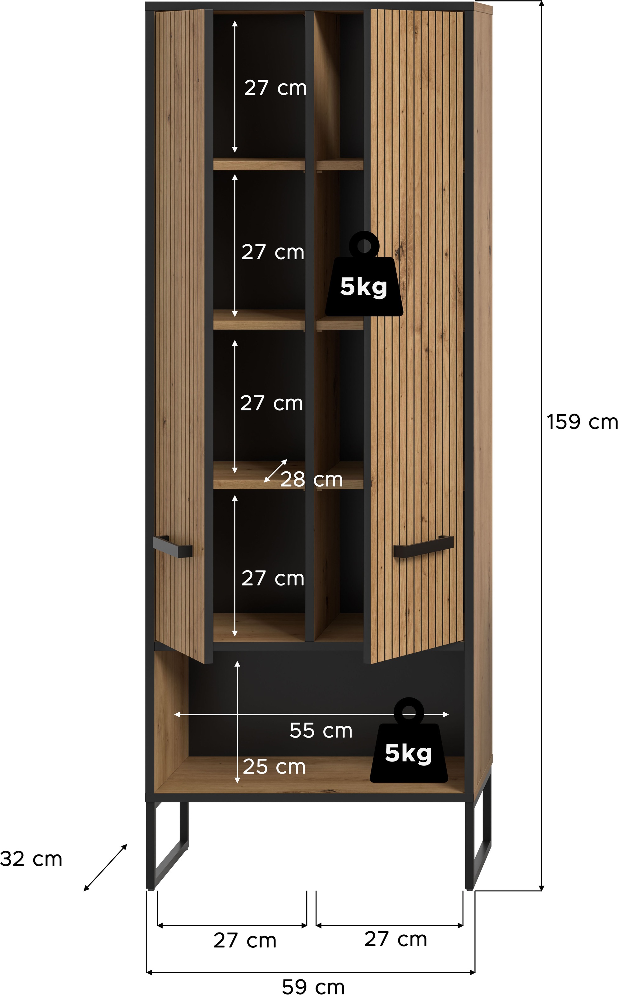 welltime Hochschrank »LOCRI, Höhe 159 cm, 2 Türen, 6 Einlegeböden, 1 offenes Fach« industrial Look mit Rillenoptik & Metall Kufen, 1 Stk. tlg. variable Einlegeböden, modernes Design, Badschrank, Bad