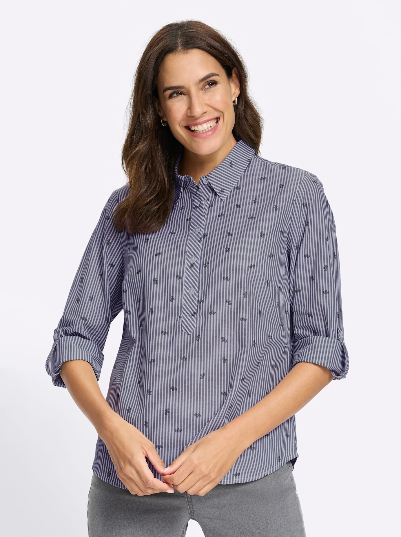 INSPIRATIONEN Damen Hemdblusemarine, gestreift, Gr. 40, gemustert, gestreift, mehrfarbig, 100% Baumwolle, Blusen