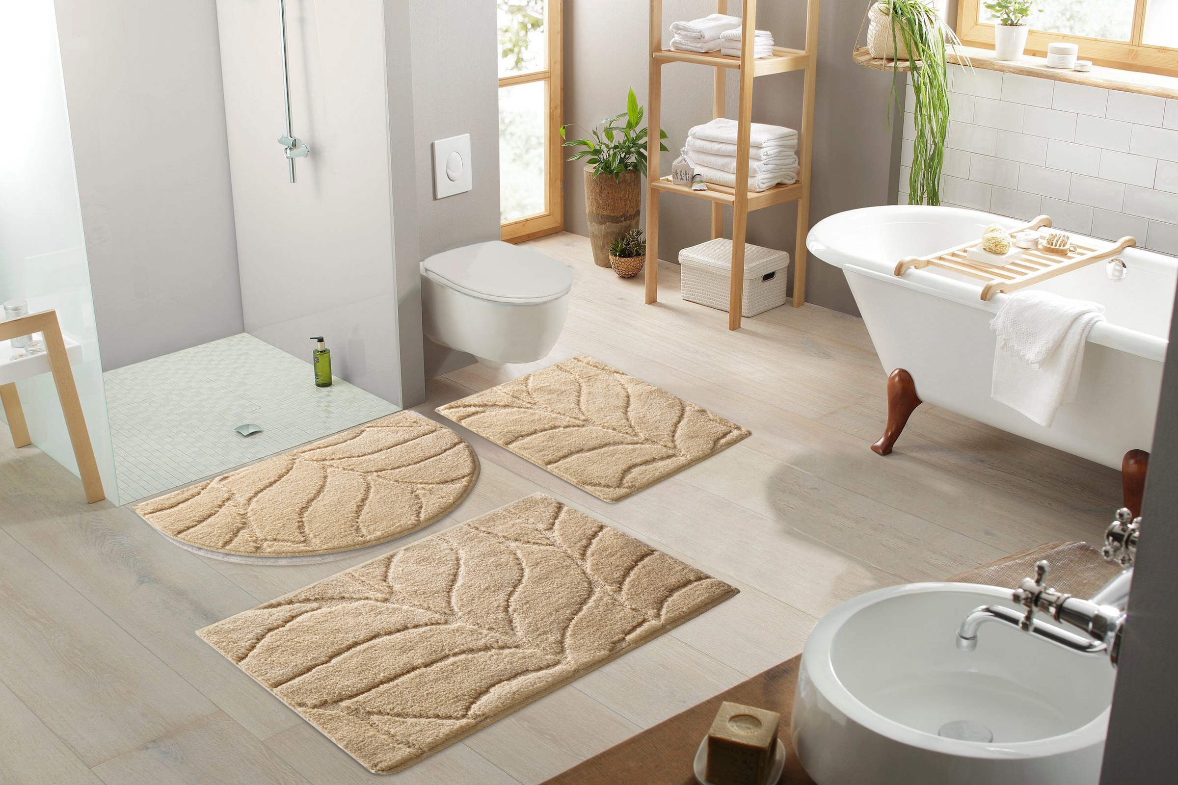 my home Badematte »Epense, Badvorleger, Badezimmer Teppich, Duschvorleger«, rutschhemmend beschichtet, fußbodenheizungsgeeignet-schnell trocknend, Badteppich, Uni Farben, Blätter, Blattstruktur, Hoch-Tief Effekt