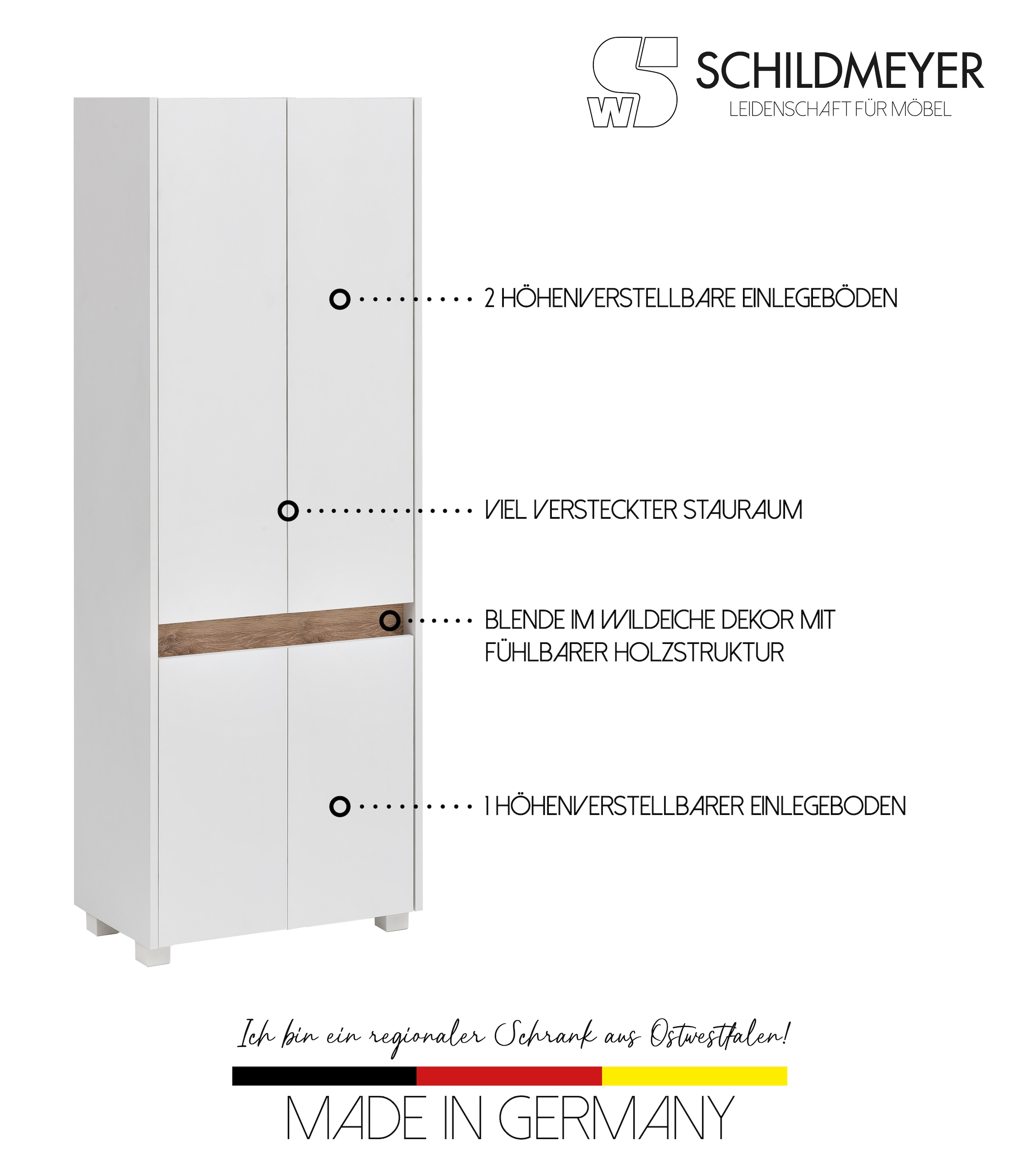 Schildmeyer Hochschrank »Cosmo in verschiedenen Farben made in Germany«, Breite 57 cm, Badezimmerschrank, Blende im modernen Wildeiche-Look